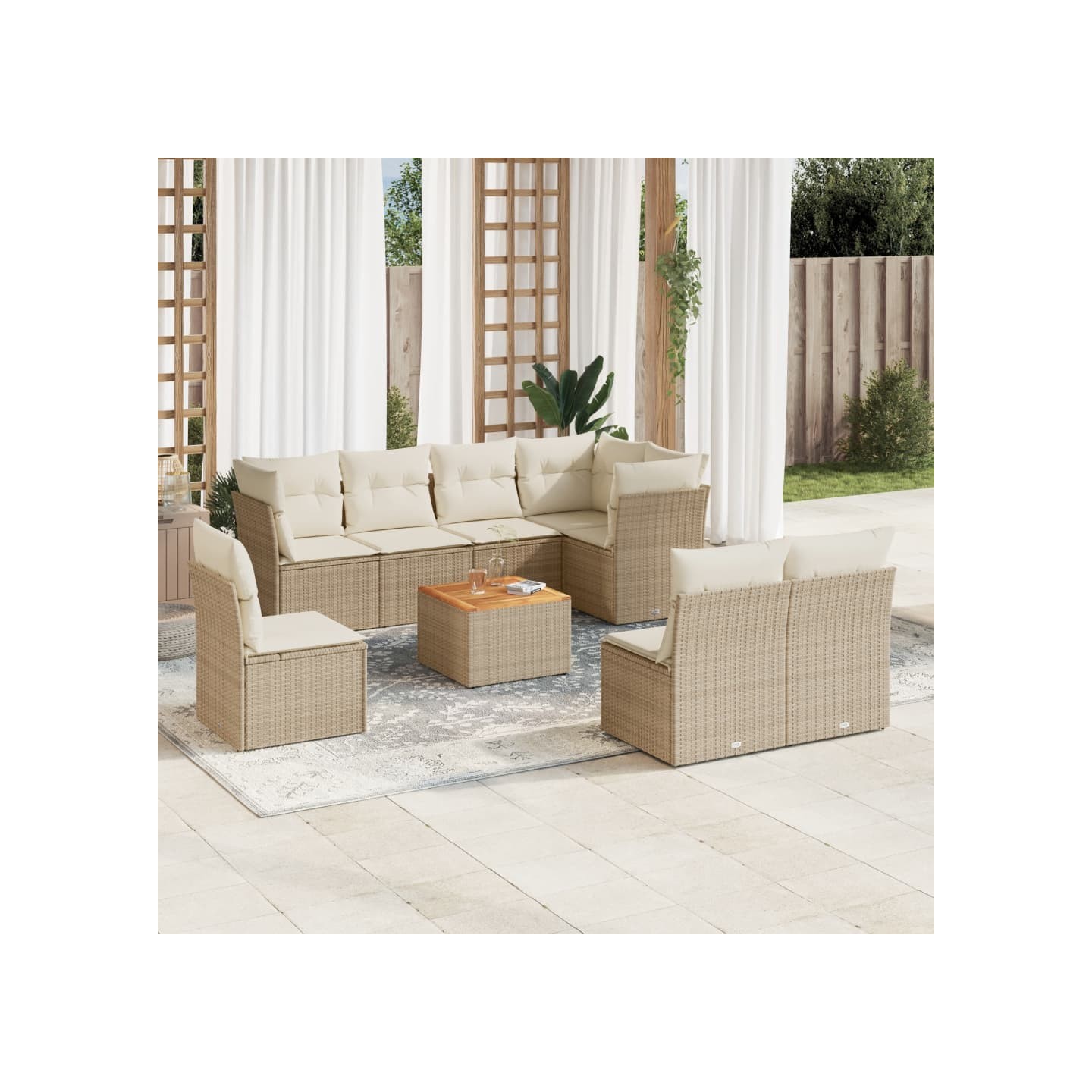 Salon de jardin avec coussins 9 pcs beige résine tressée