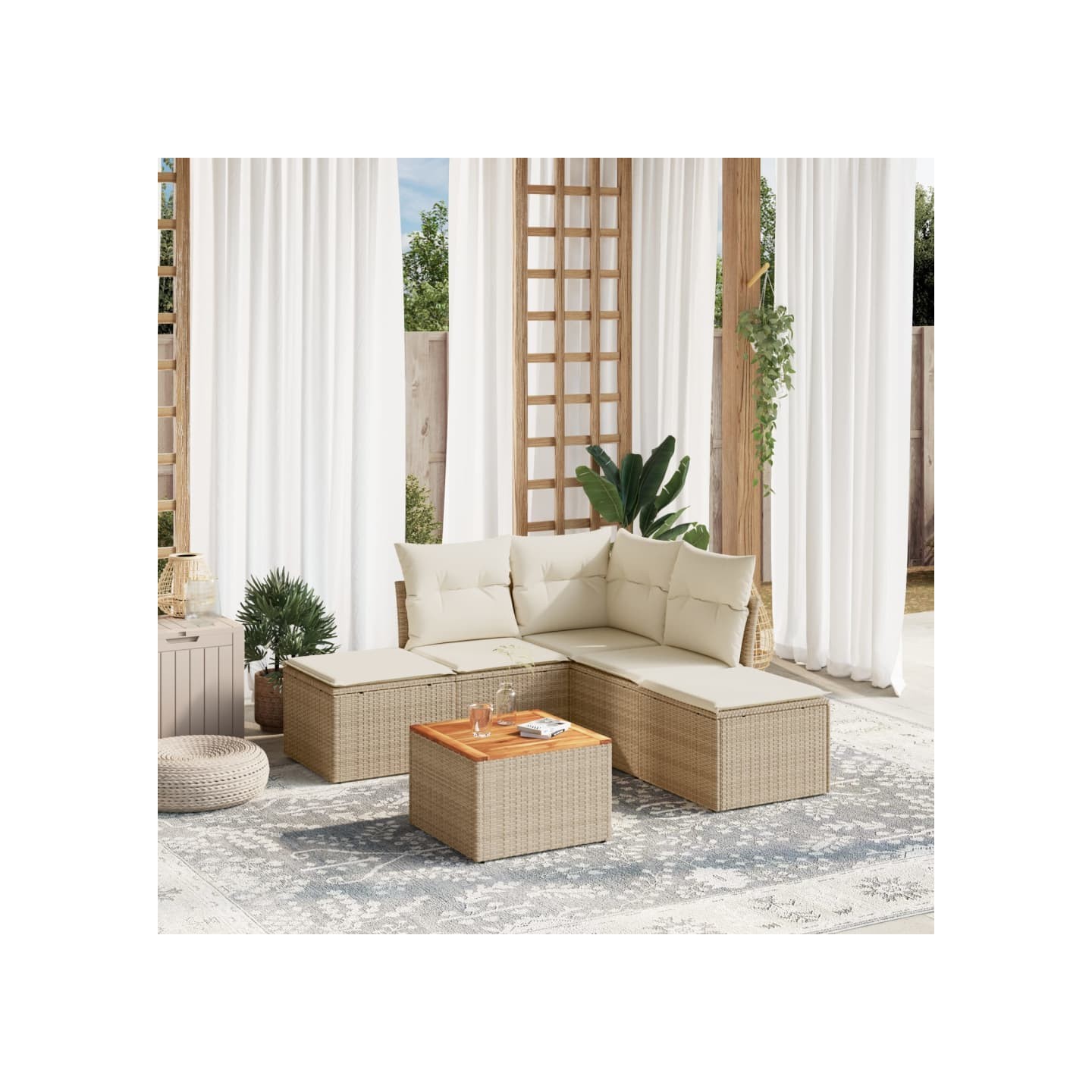 Salon de jardin avec coussins 6 pcs beige résine tressée