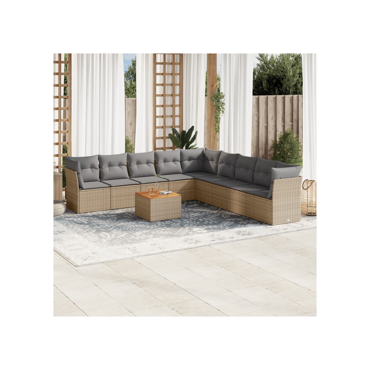 Salon de jardin avec coussins 10 pcs beige résine tressée