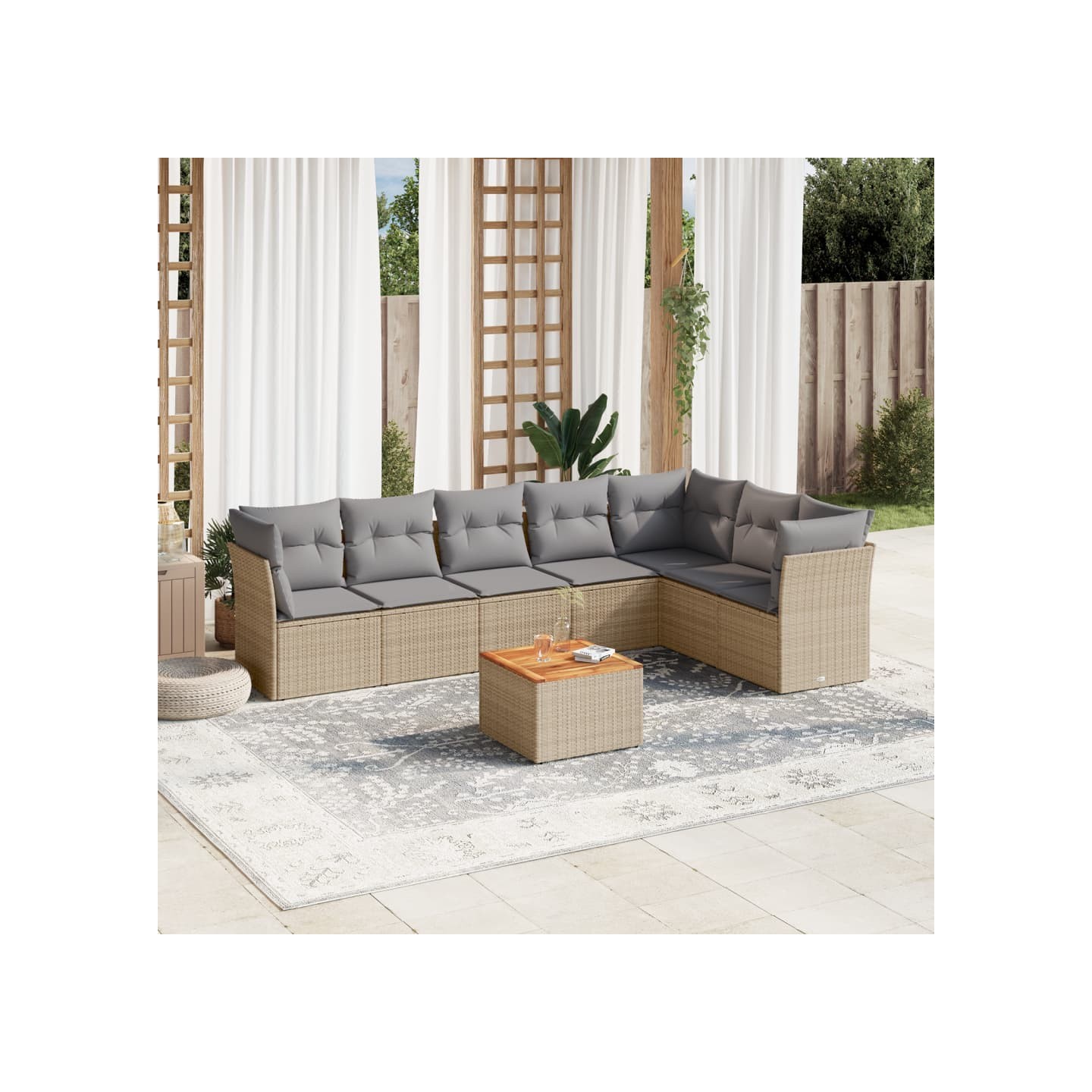 Salon de jardin avec coussins 8 pcs beige résine tressée