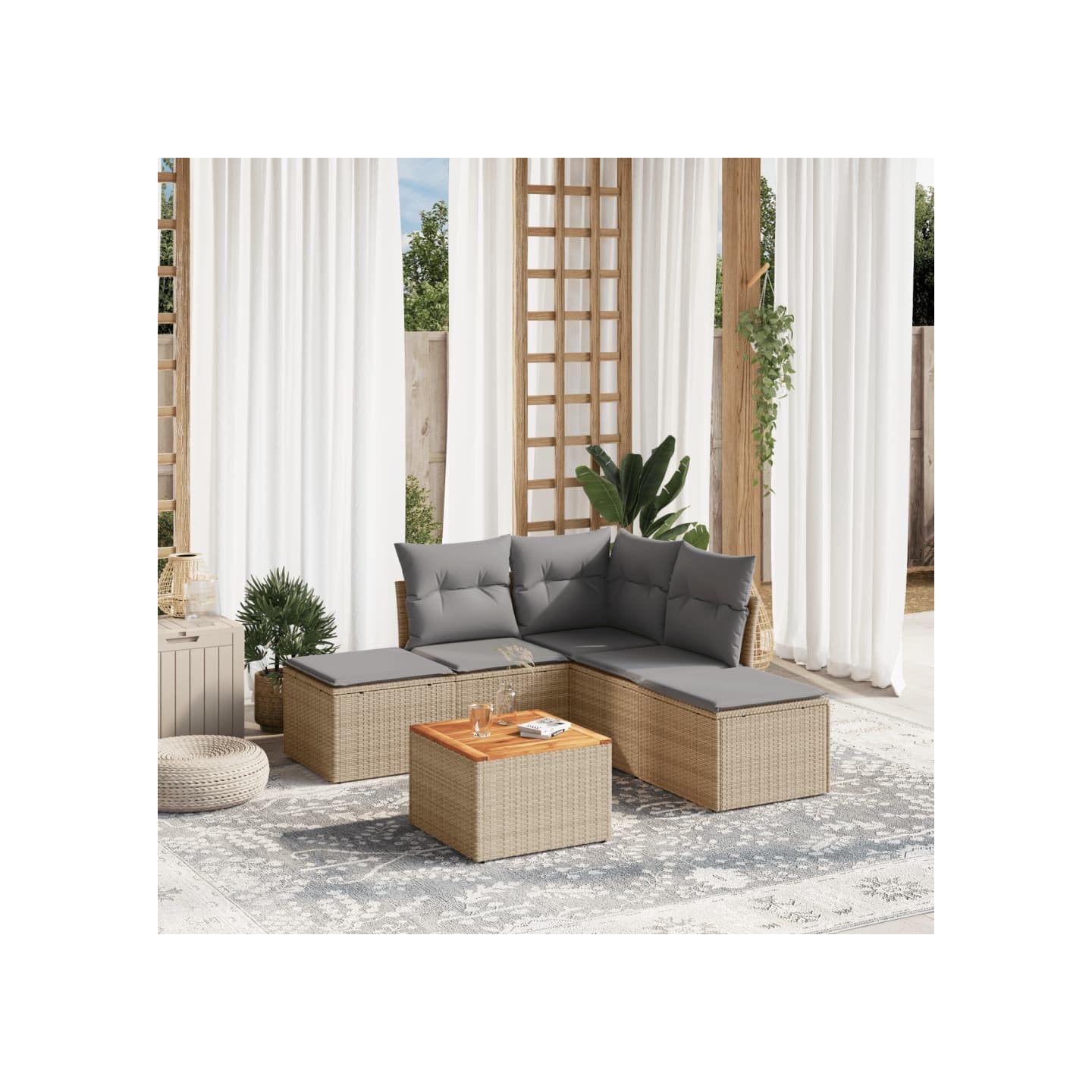 Salon de jardin avec coussins 6 pcs beige résine tressée