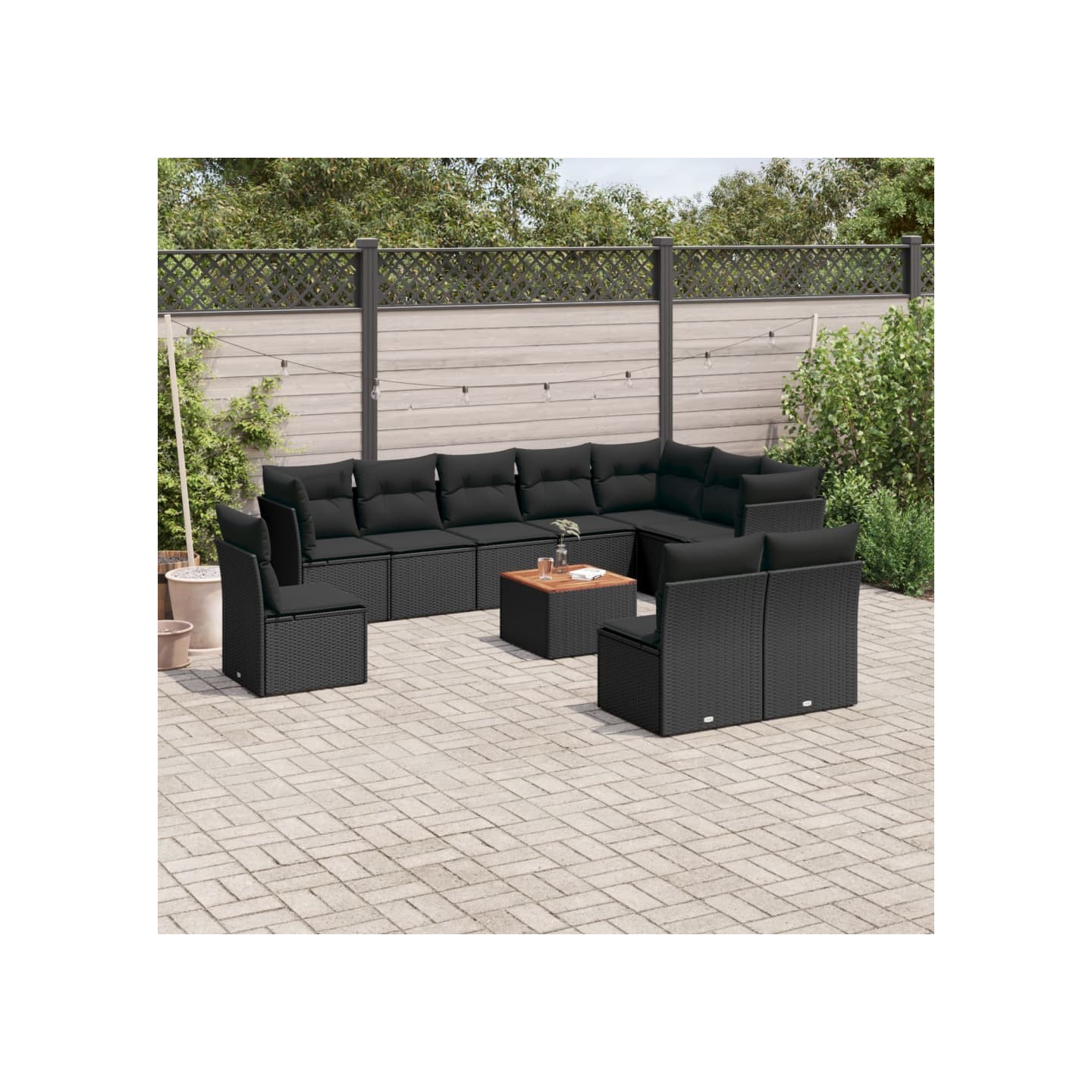 Salon de jardin 11 pcs avec coussins noir résine tressée
