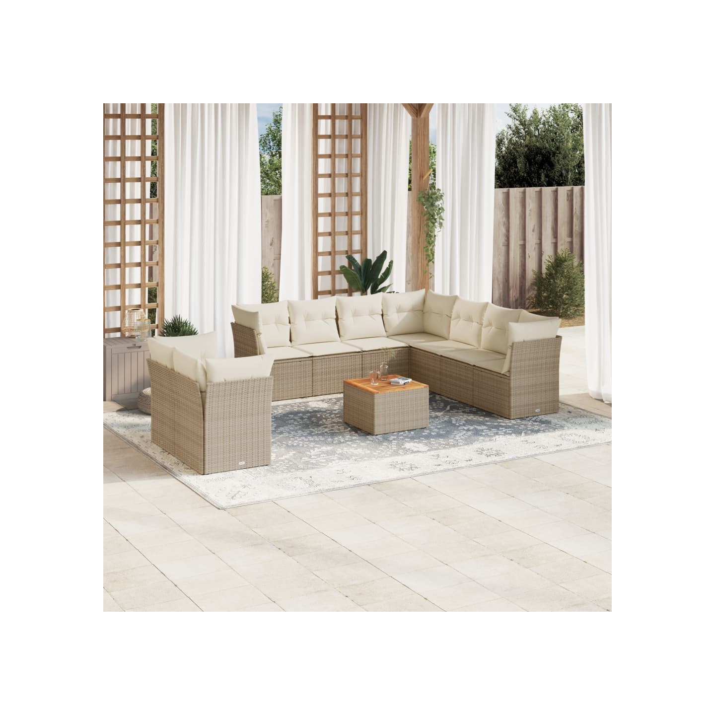 Salon de jardin avec coussins 10 pcs beige résine tressée