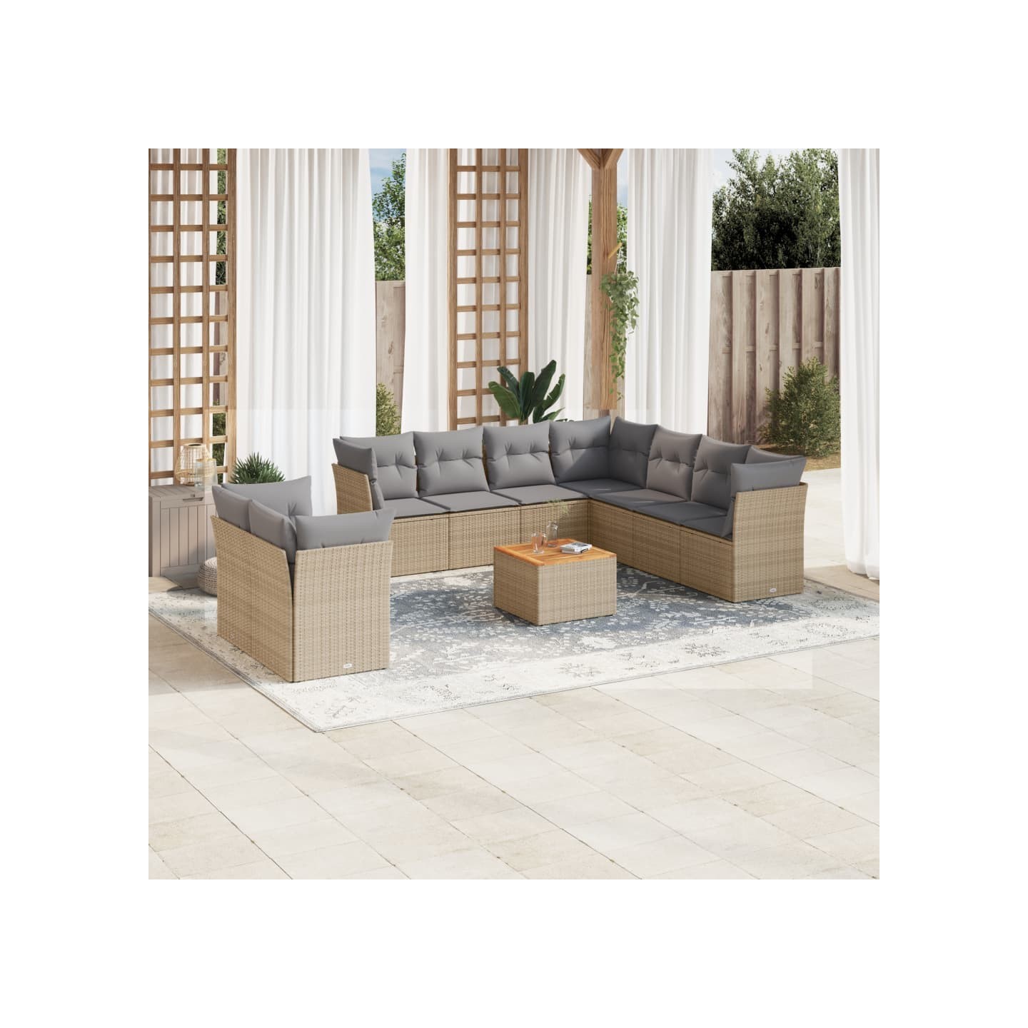 Salon de jardin avec coussins 10 pcs beige résine tressée