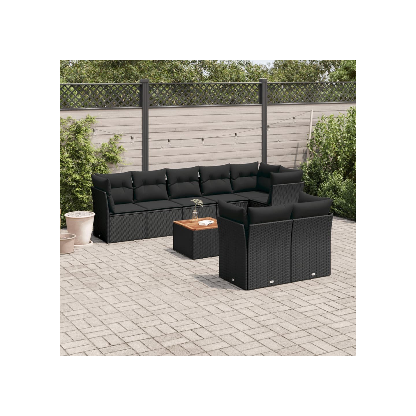 Salon de jardin 9 pcs avec coussins noir résine tressée