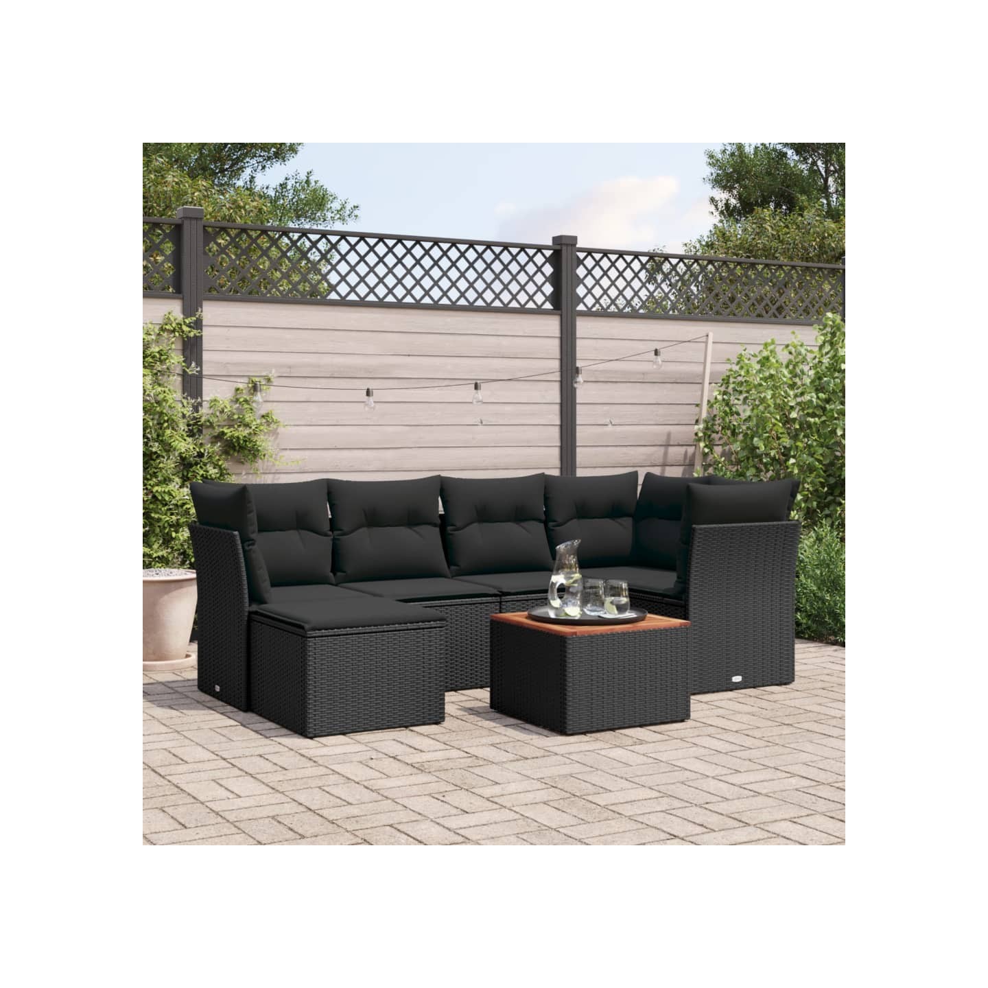 Salon de jardin 7 pcs avec coussins noir résine tressée