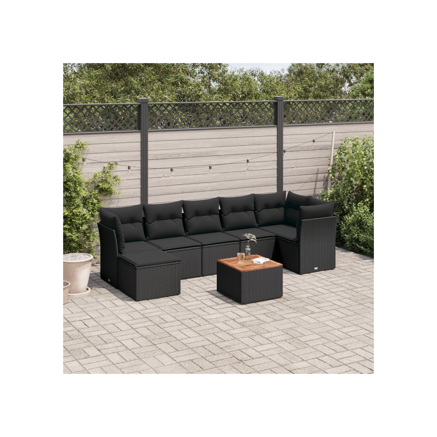 Salon de jardin 8 pcs avec coussins noir résine tressée