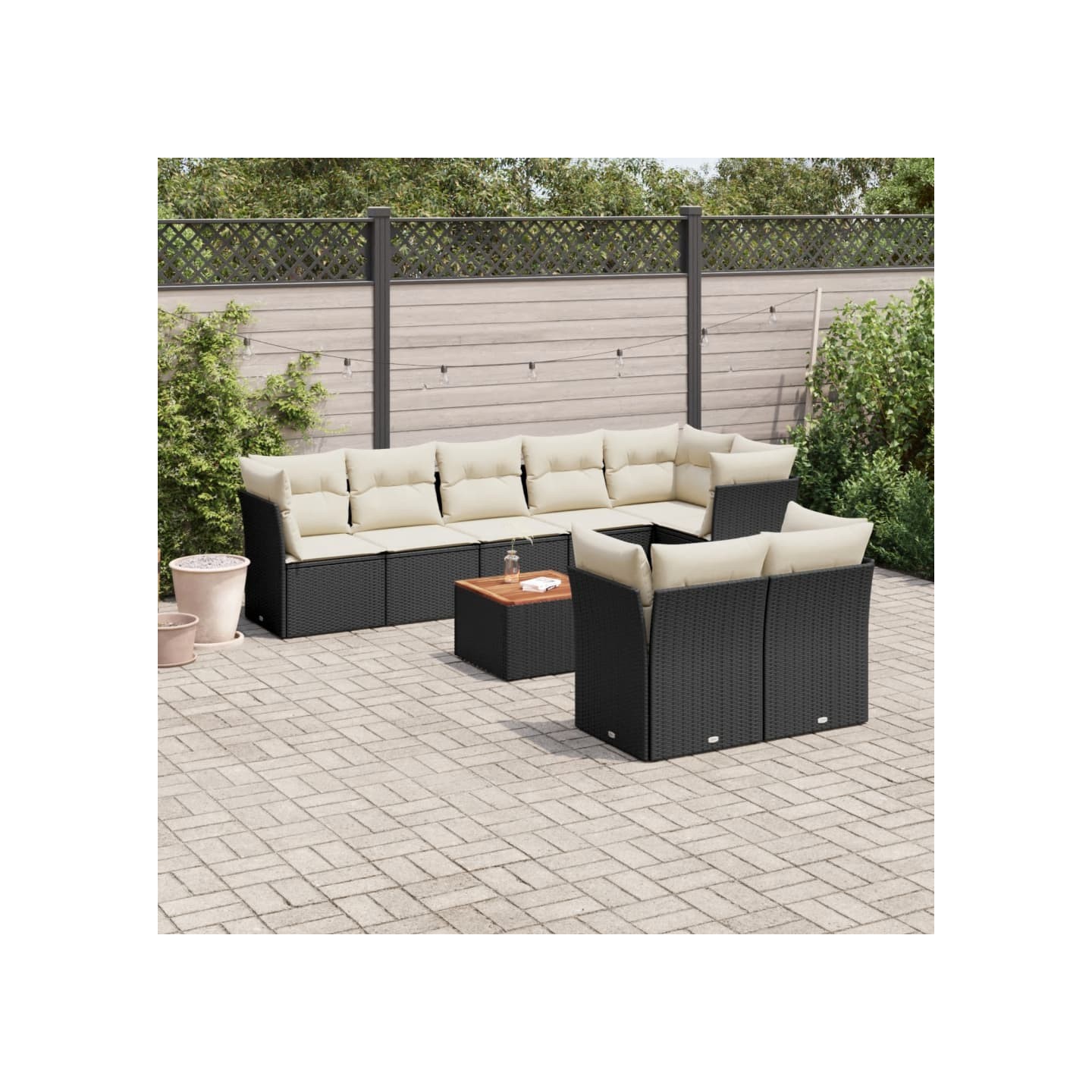 Salon de jardin 9 pcs avec coussins noir résine tressée