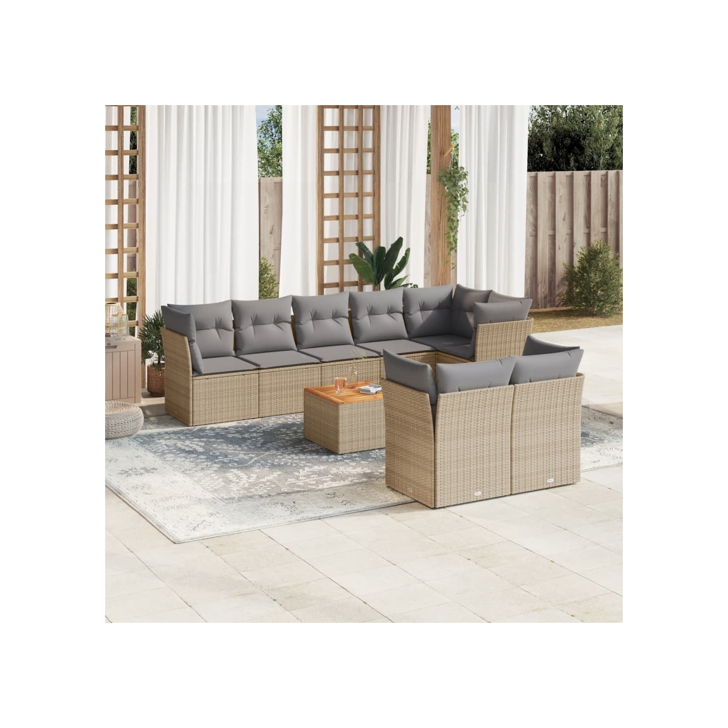 Salon de jardin avec coussins 9 pcs beige résine tressée