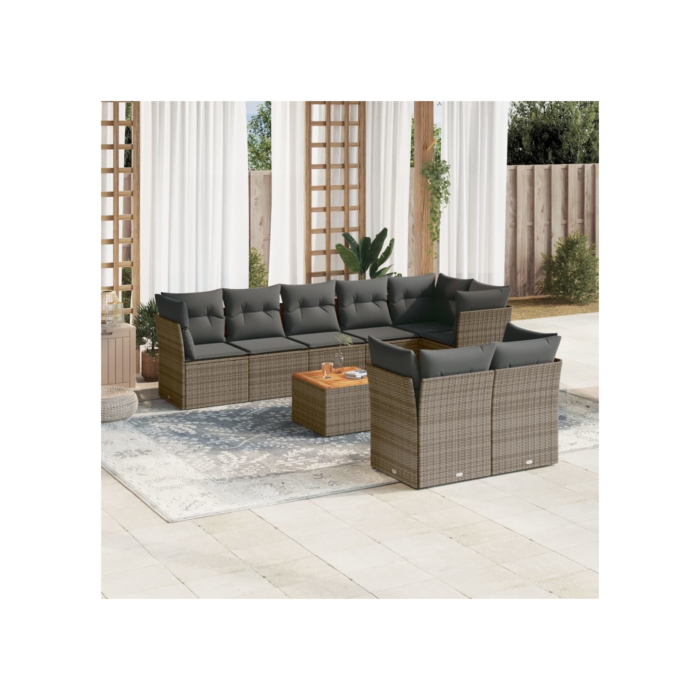 Salon de jardin 9 pcs avec coussins gris résine tressée