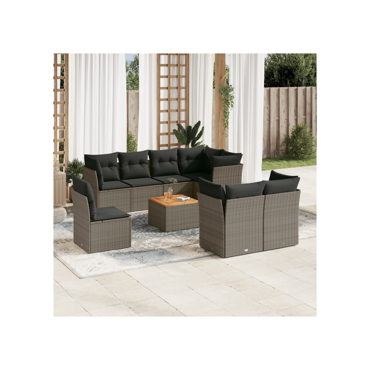 Salon de jardin 9 pcs avec coussins gris résine tressée