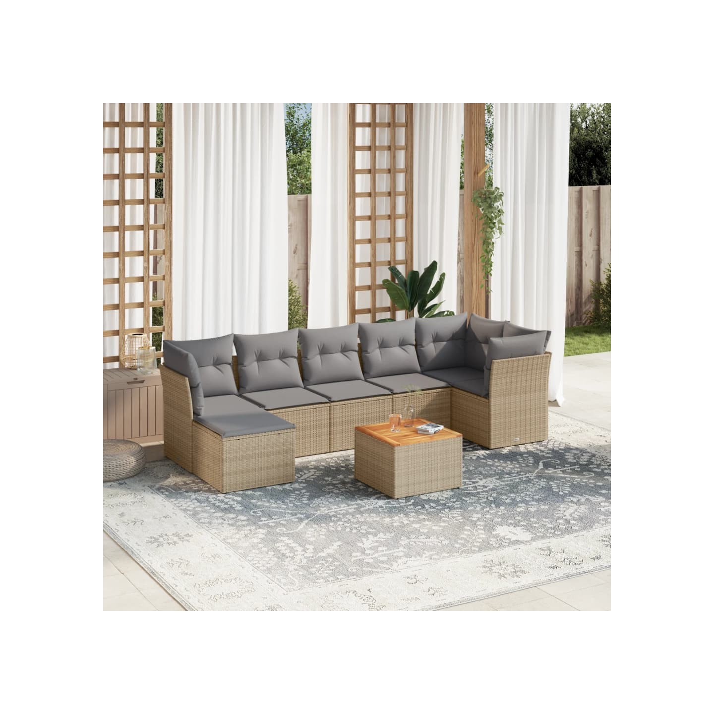 Salon de jardin avec coussins 8 pcs beige résine tressée