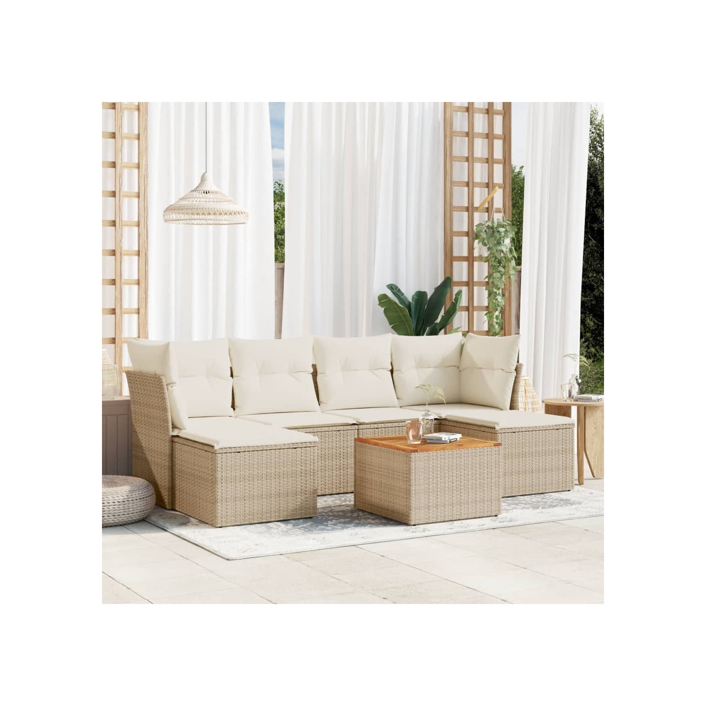 Salon de jardin avec coussins 7 pcs beige résine tressée