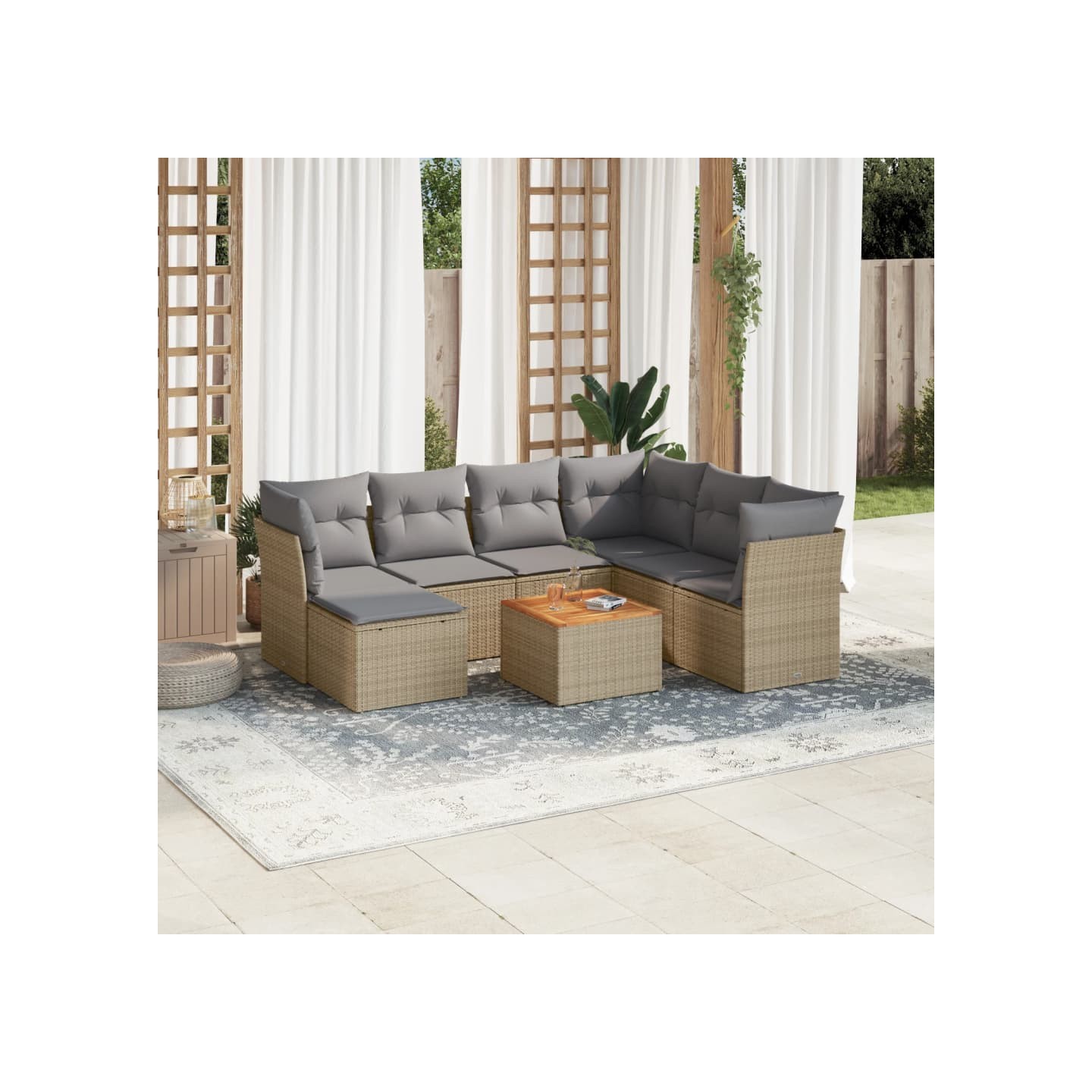 Salon de jardin avec coussins 8 pcs beige résine tressée