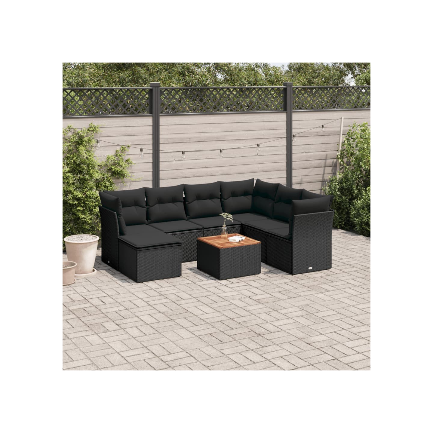 Salon de jardin 8 pcs avec coussins noir résine tressée