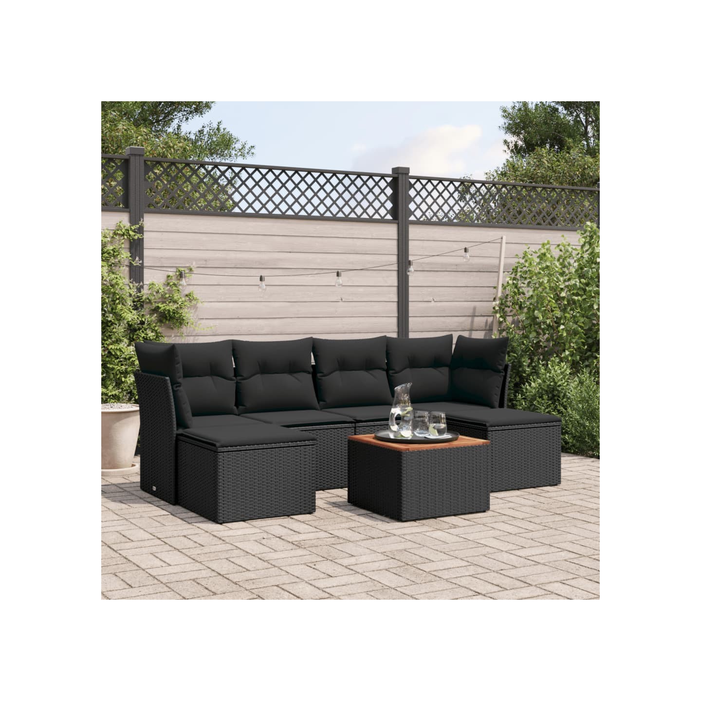 Salon de jardin 7 pcs avec coussins noir résine tressée