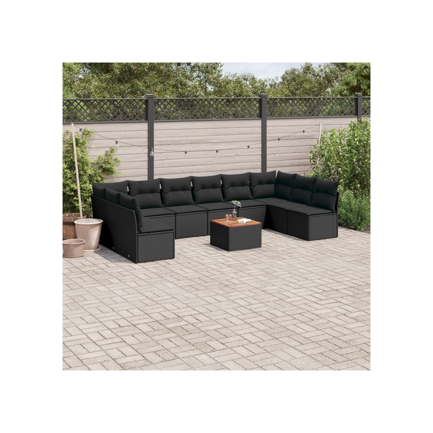 Salon de jardin 11 pcs avec coussins noir résine tressée