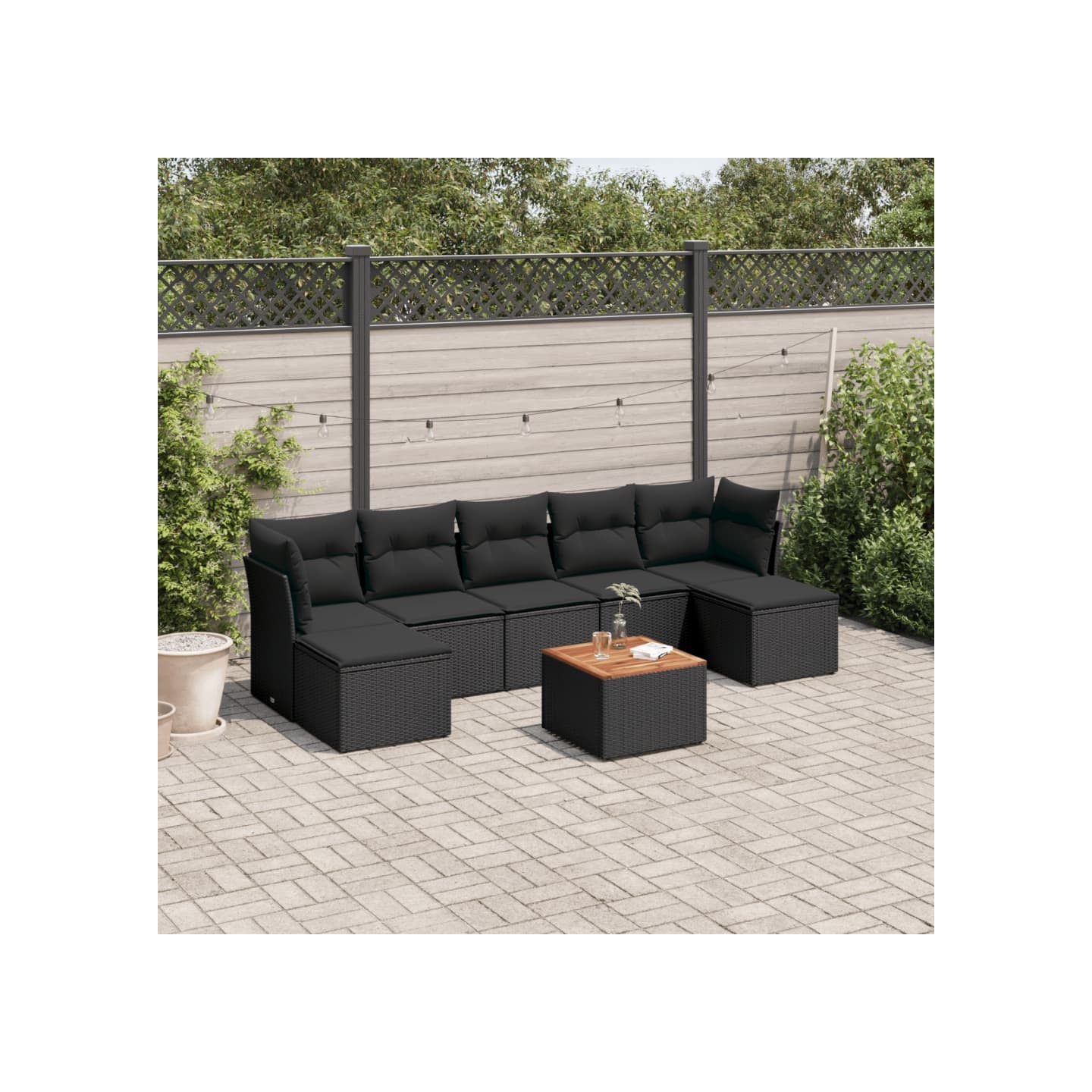 Salon de jardin 8 pcs avec coussins noir résine tressée