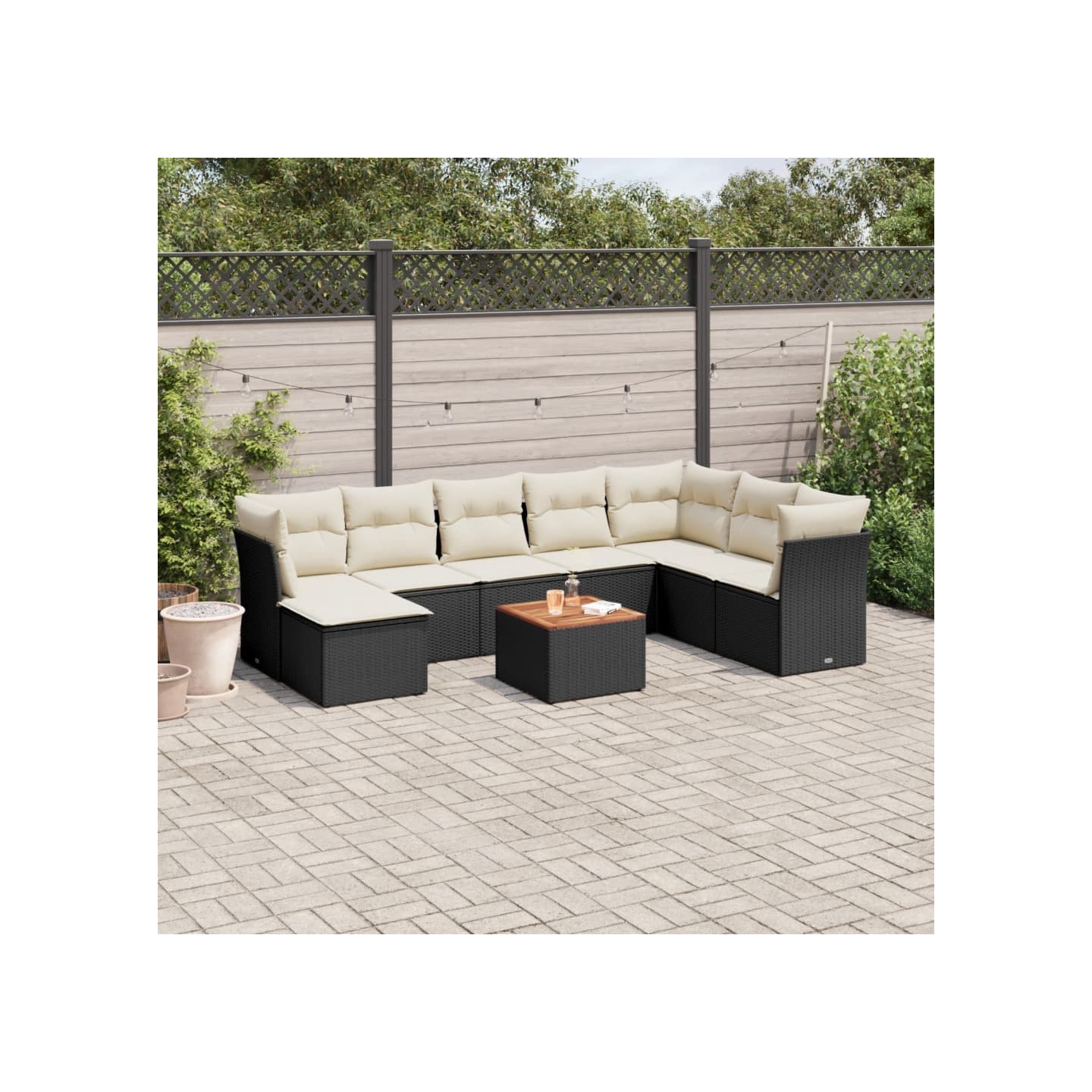 Salon de jardin 9 pcs avec coussins noir résine tressée