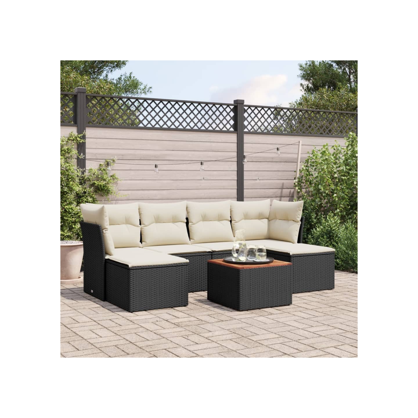 Salon de jardin 7 pcs avec coussins noir résine tressée