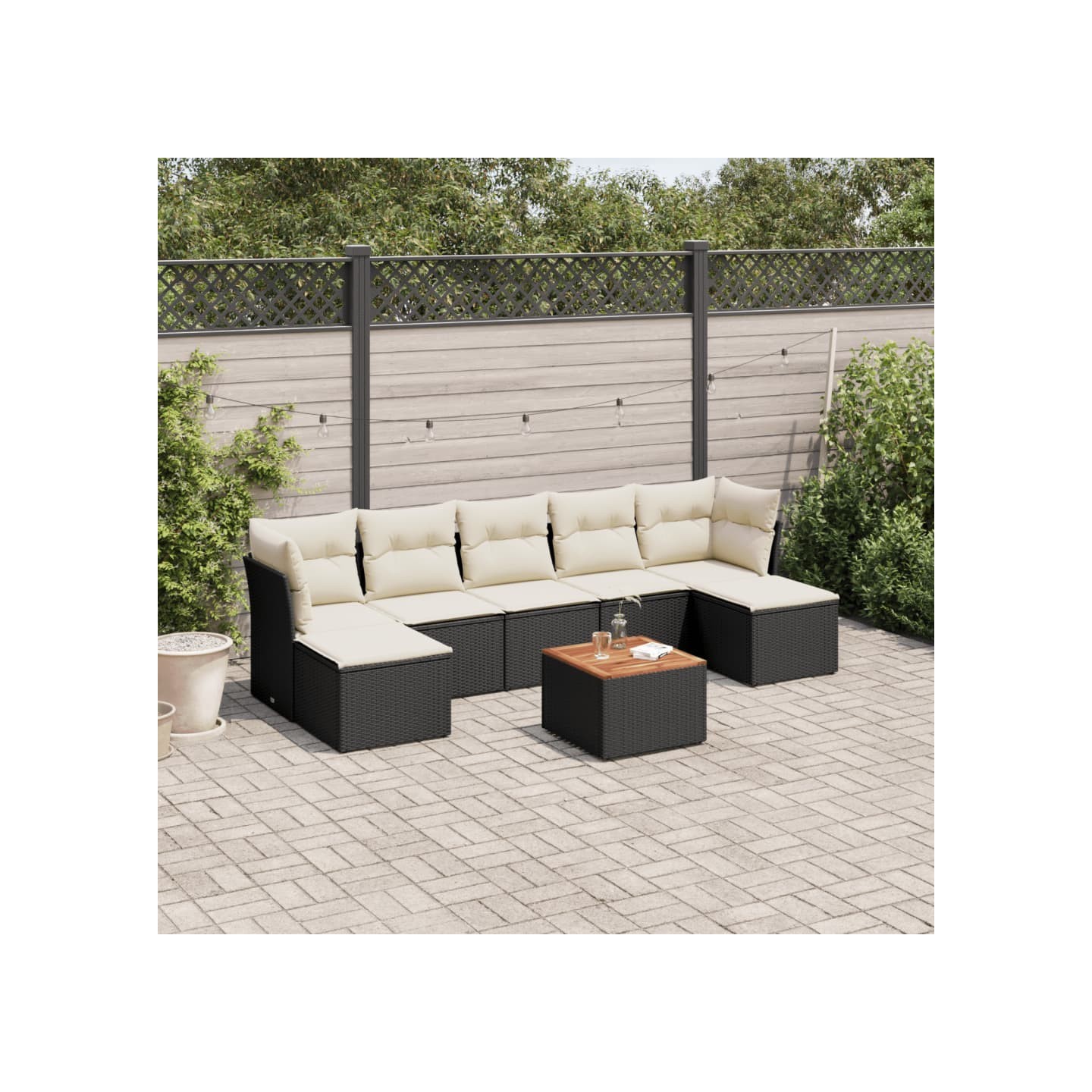 Salon de jardin 8 pcs avec coussins noir résine tressée