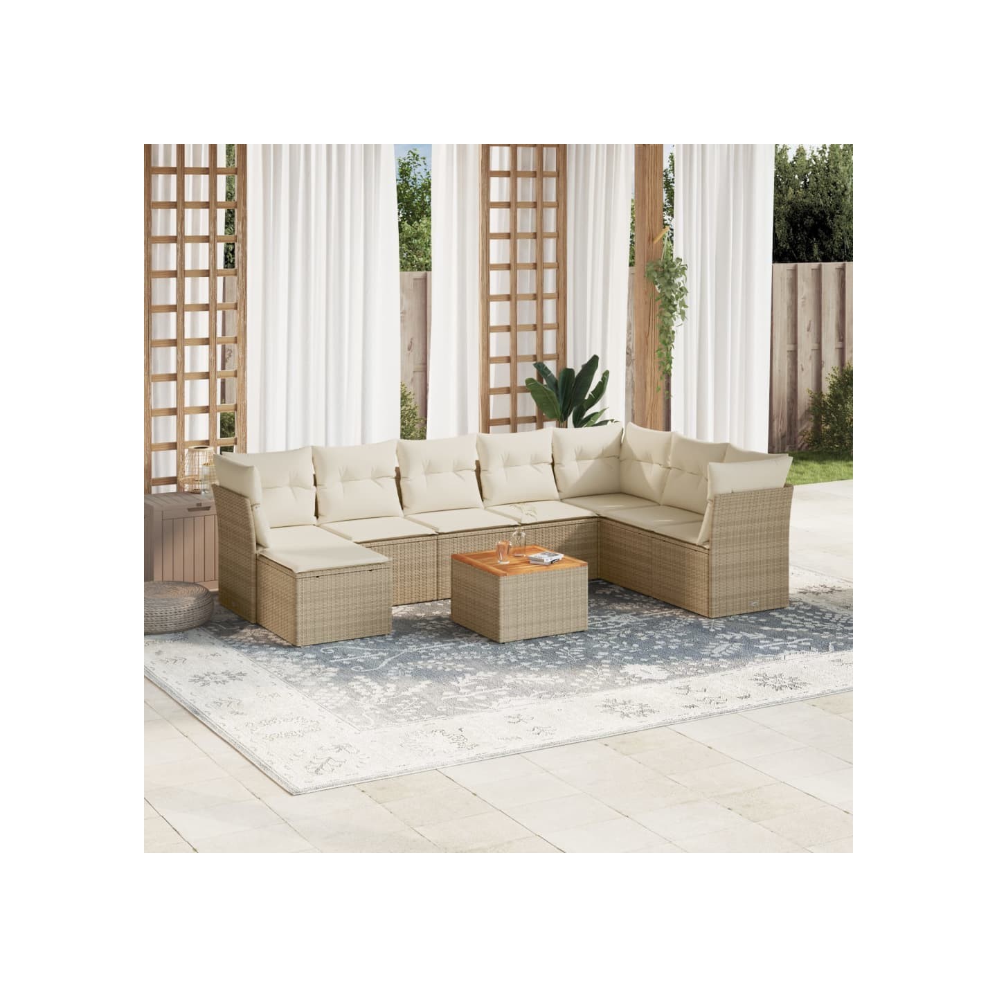 Salon de jardin avec coussins 9 pcs beige résine tressée