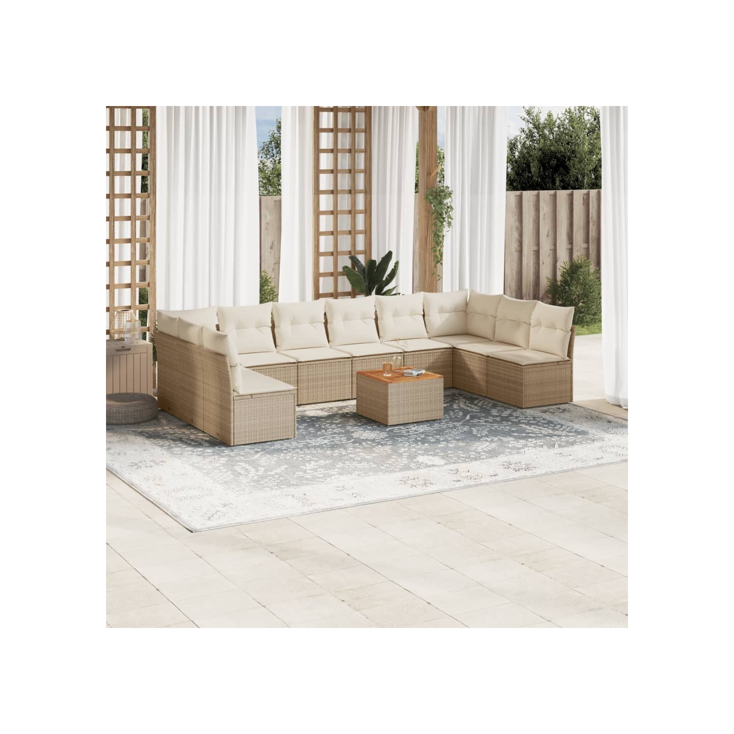 Salon de jardin 11 pcs avec coussins beige résine tressée