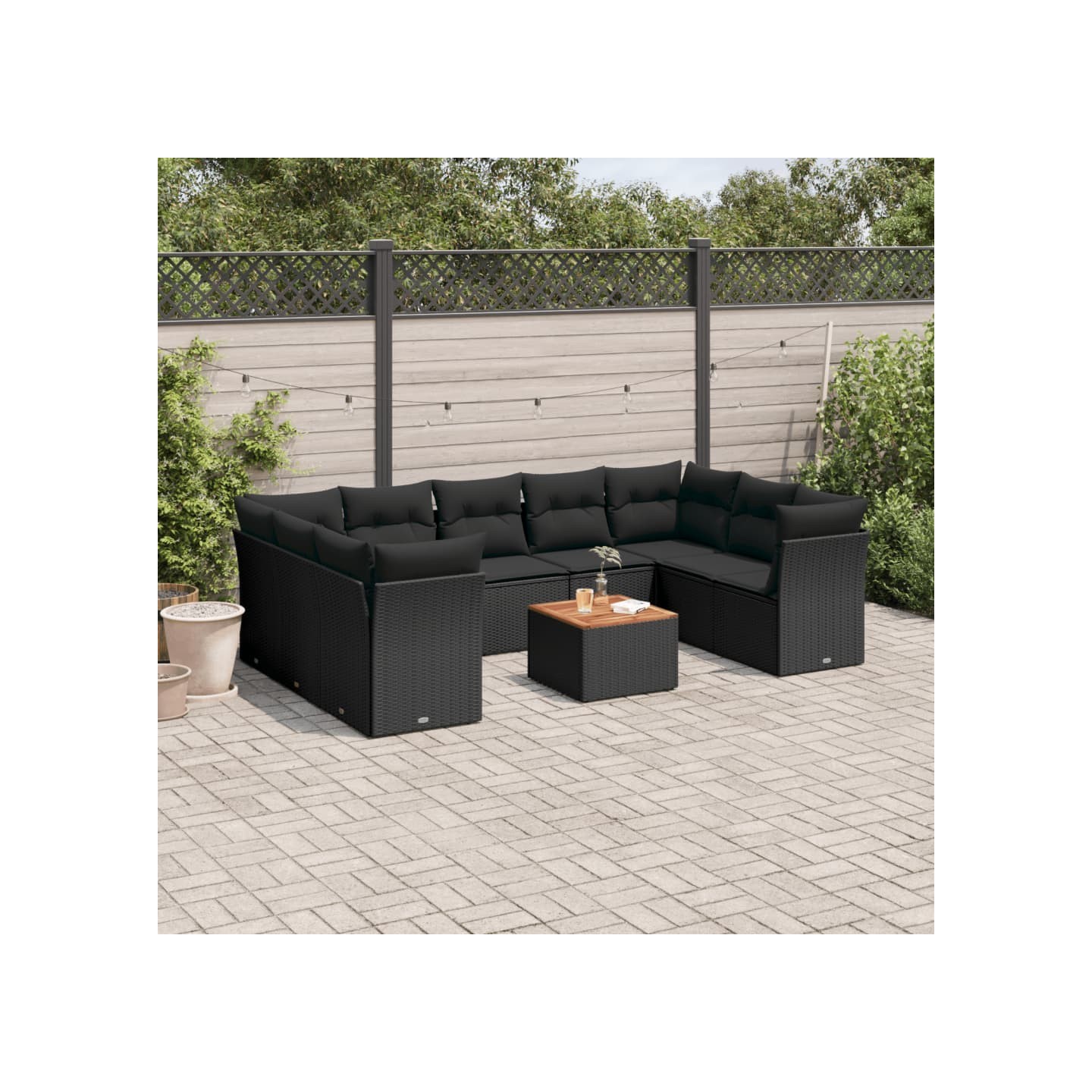 Salon de jardin 10 pcs avec coussins noir résine tressée