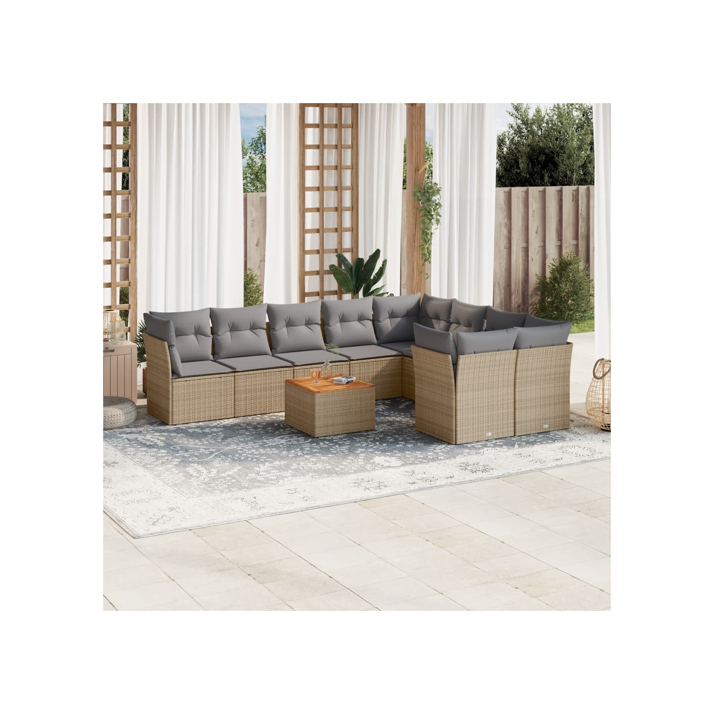 Salon de jardin avec coussins 10 pcs beige résine tressée