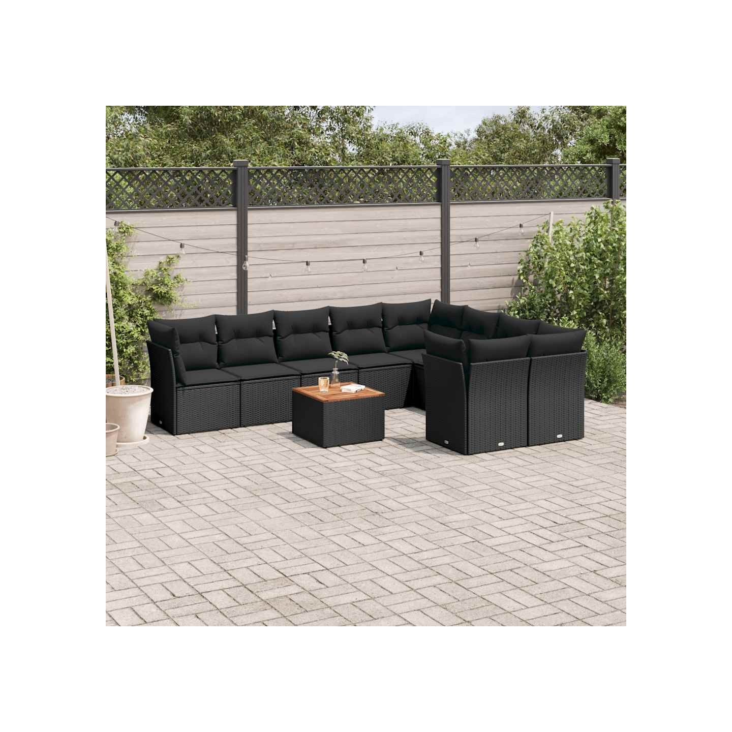 Salon de jardin 10 pcs avec coussins noir résine tressée