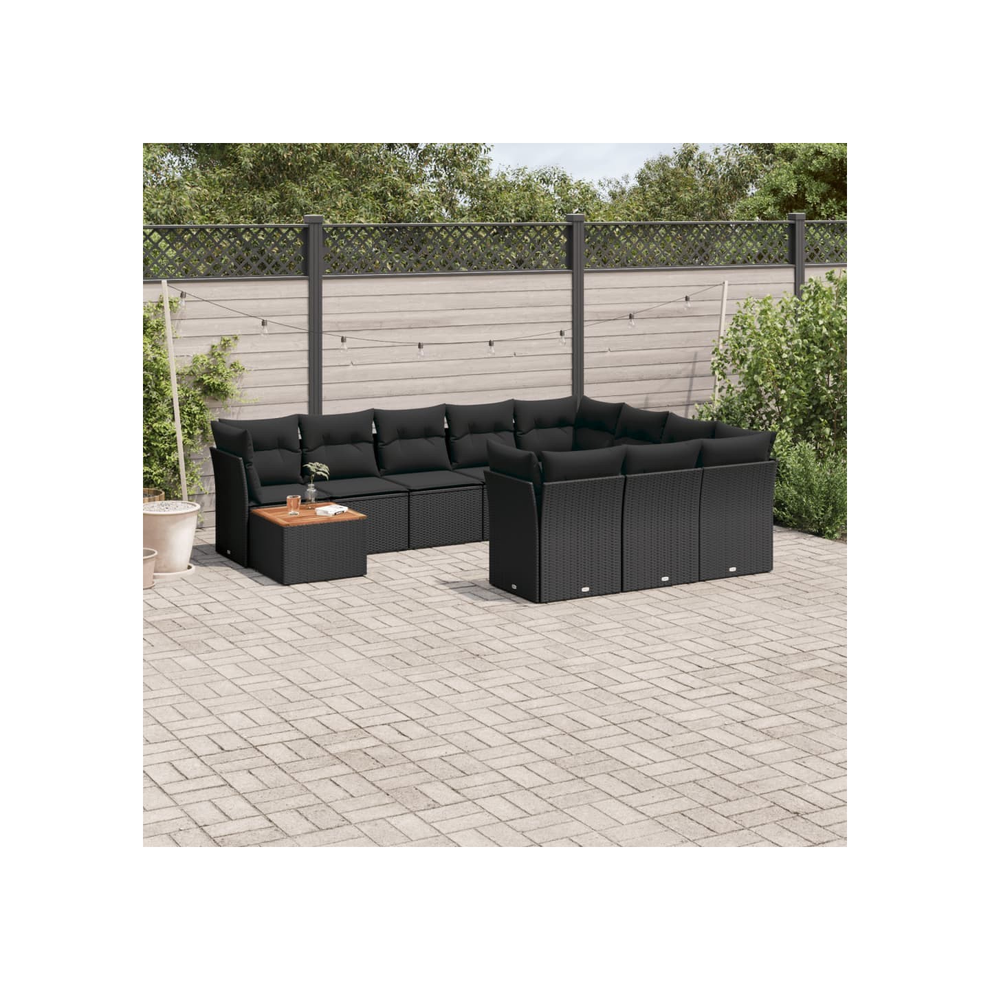 Salon de jardin 11 pcs avec coussins noir résine tressée