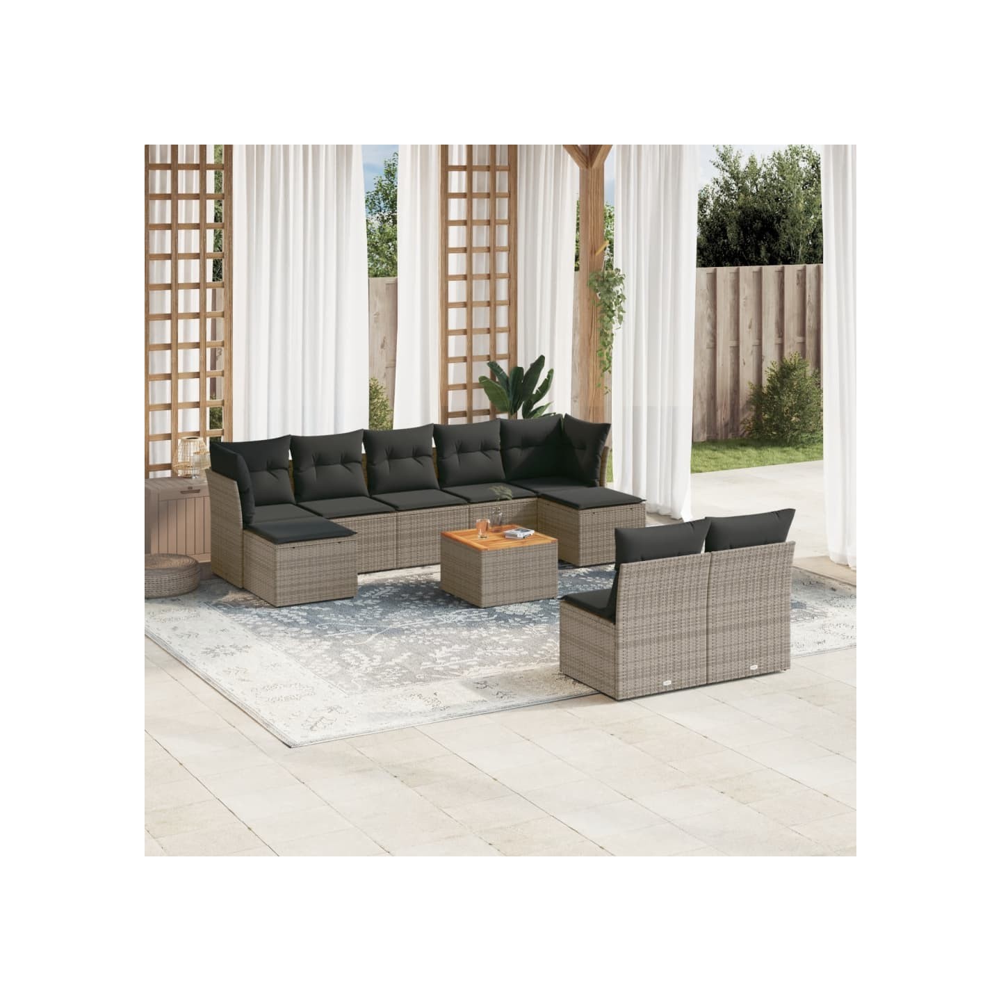 Salon de jardin avec coussins 10 pcs gris résine tressée