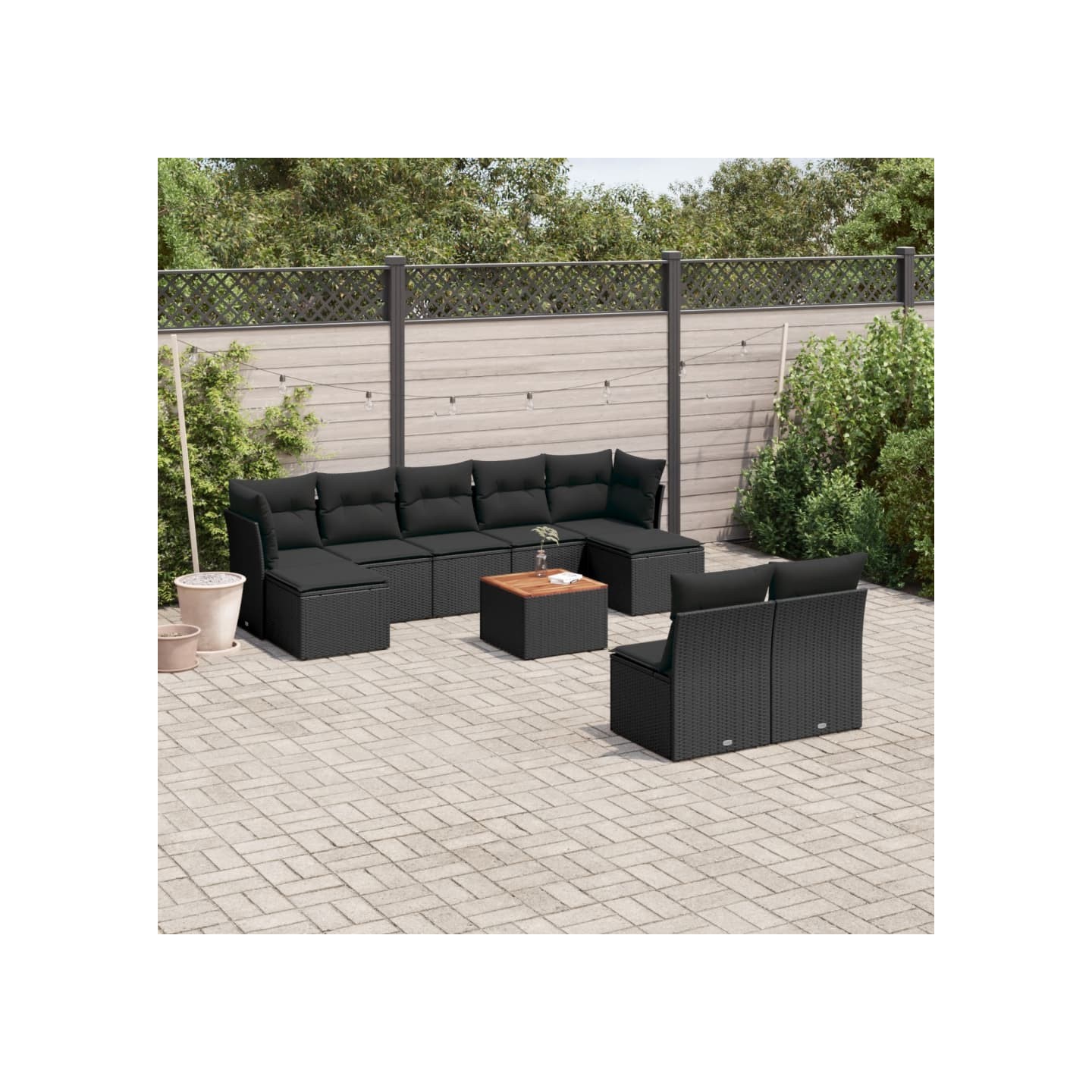 Salon de jardin 10 pcs avec coussins noir résine tressée