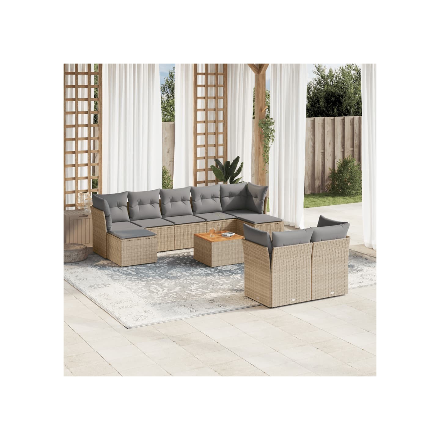 Salon de jardin avec coussins 10 pcs beige résine tressée