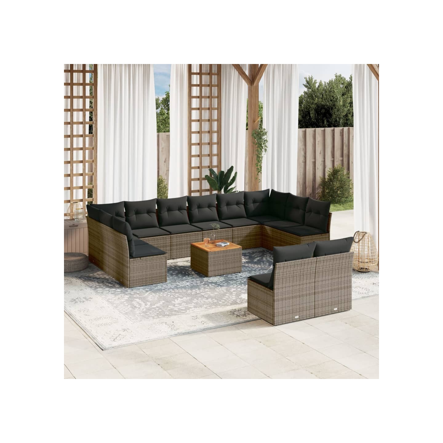 Salon de jardin avec coussins 13 pcs gris résine tressée