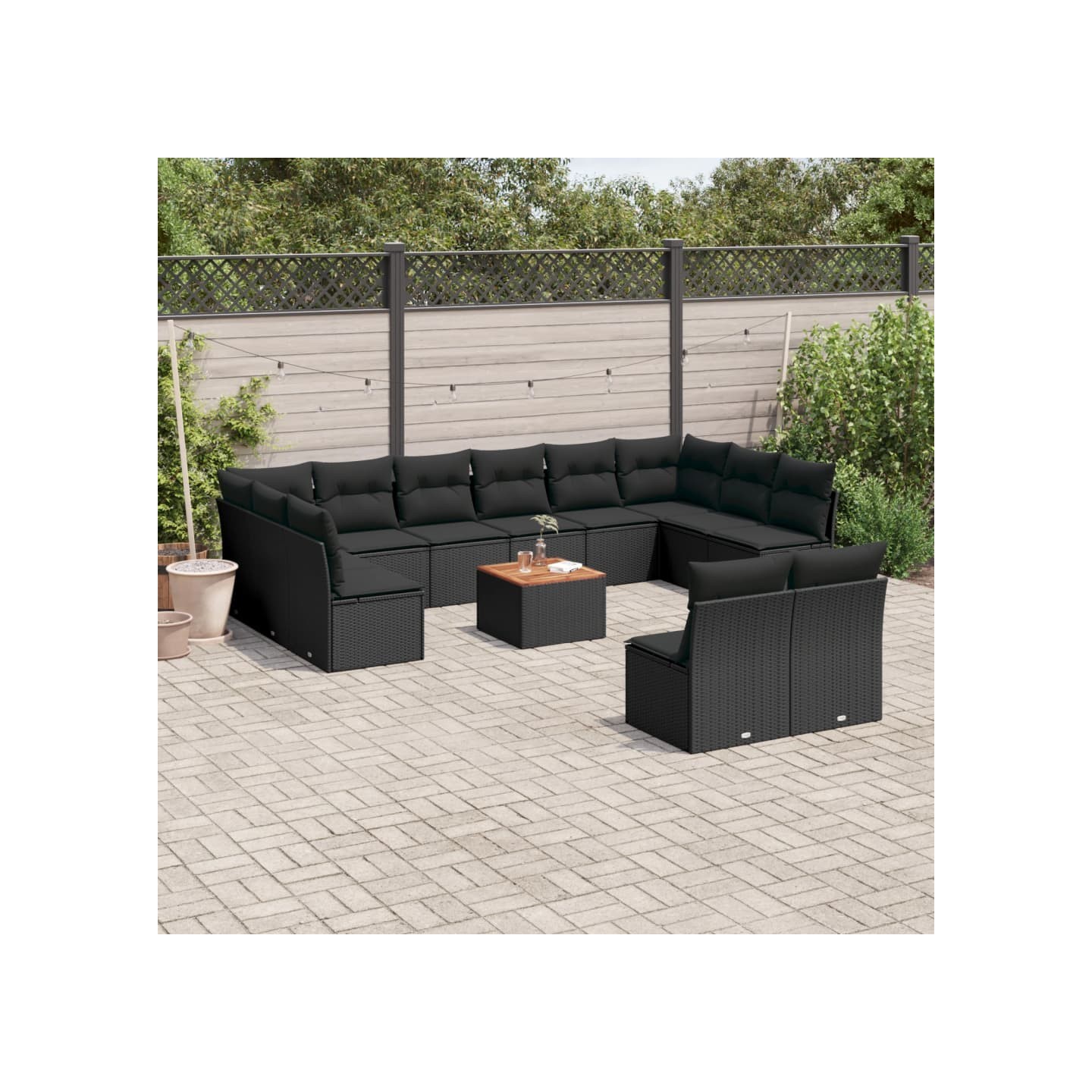 Salon de jardin avec coussins 13 pcs noir résine tressée