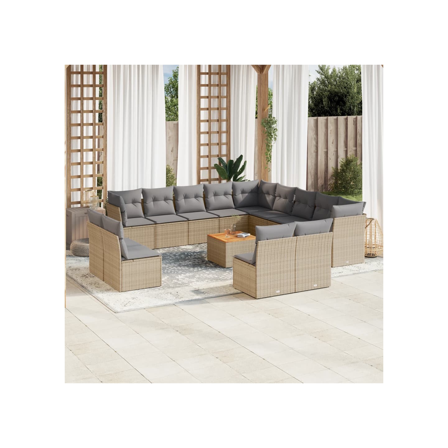 Salon de jardin avec coussins 14 pcs beige résine tressée