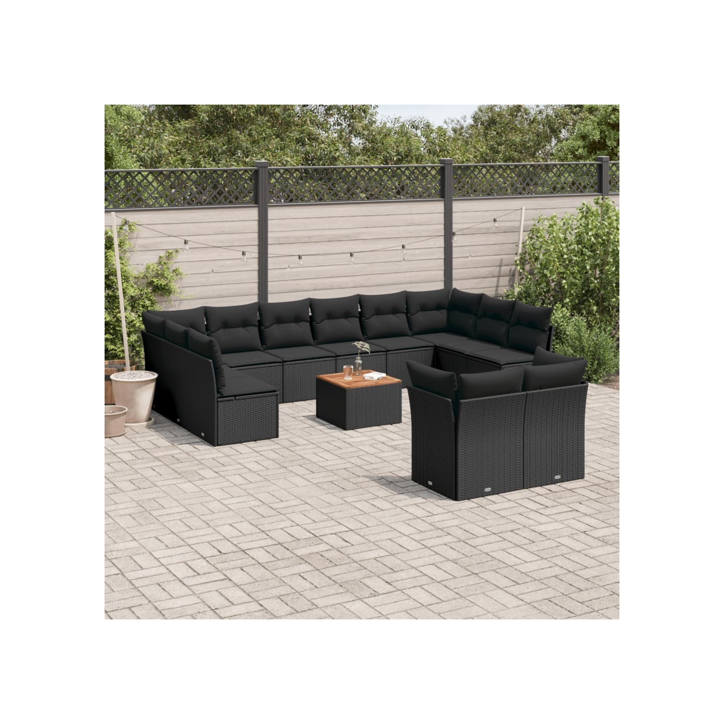 Salon de jardin avec coussins 13 pcs noir résine tressée