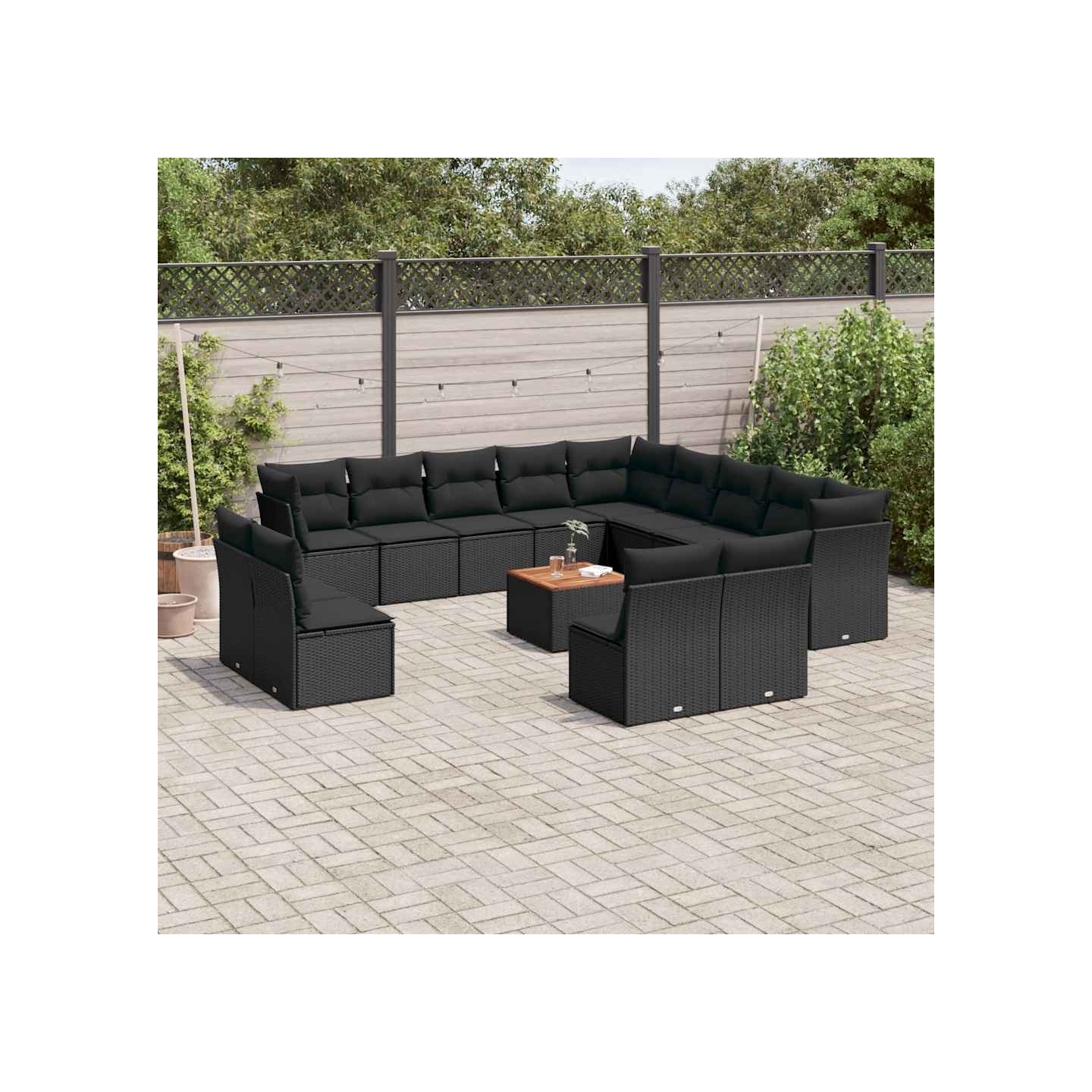 Salon de jardin avec coussins 14 pcs noir résine tressée