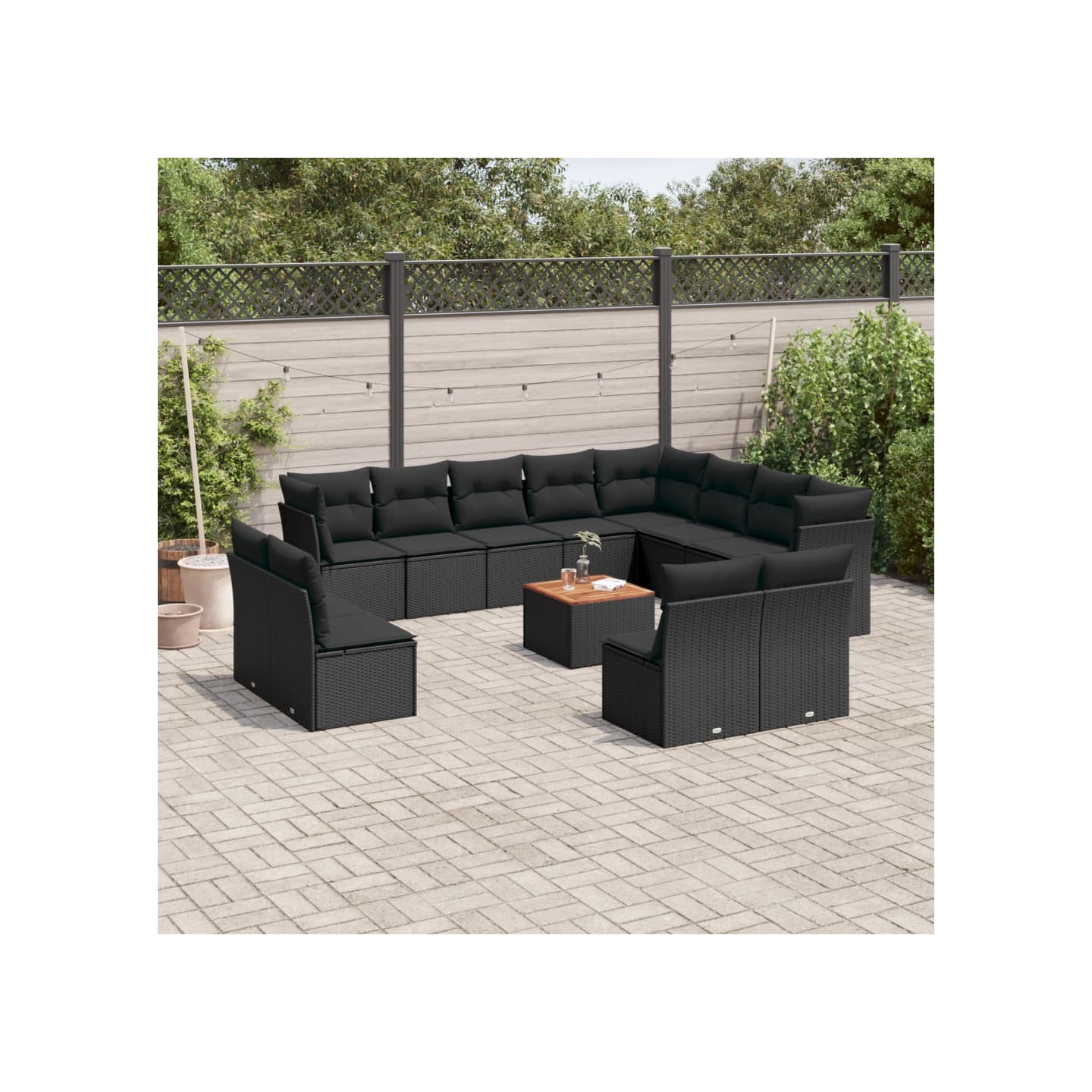 Salon de jardin avec coussins 13 pcs noir résine tressée