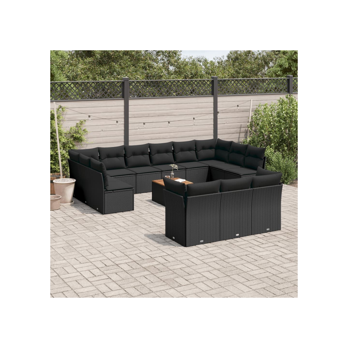 Salon de jardin avec coussins 14 pcs noir résine tressée