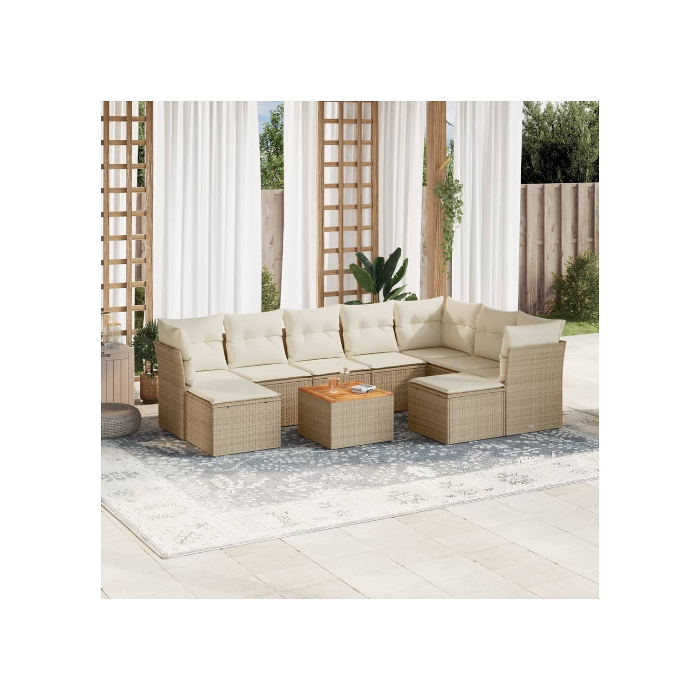 Salon de jardin avec coussins 10 pcs beige résine tressée