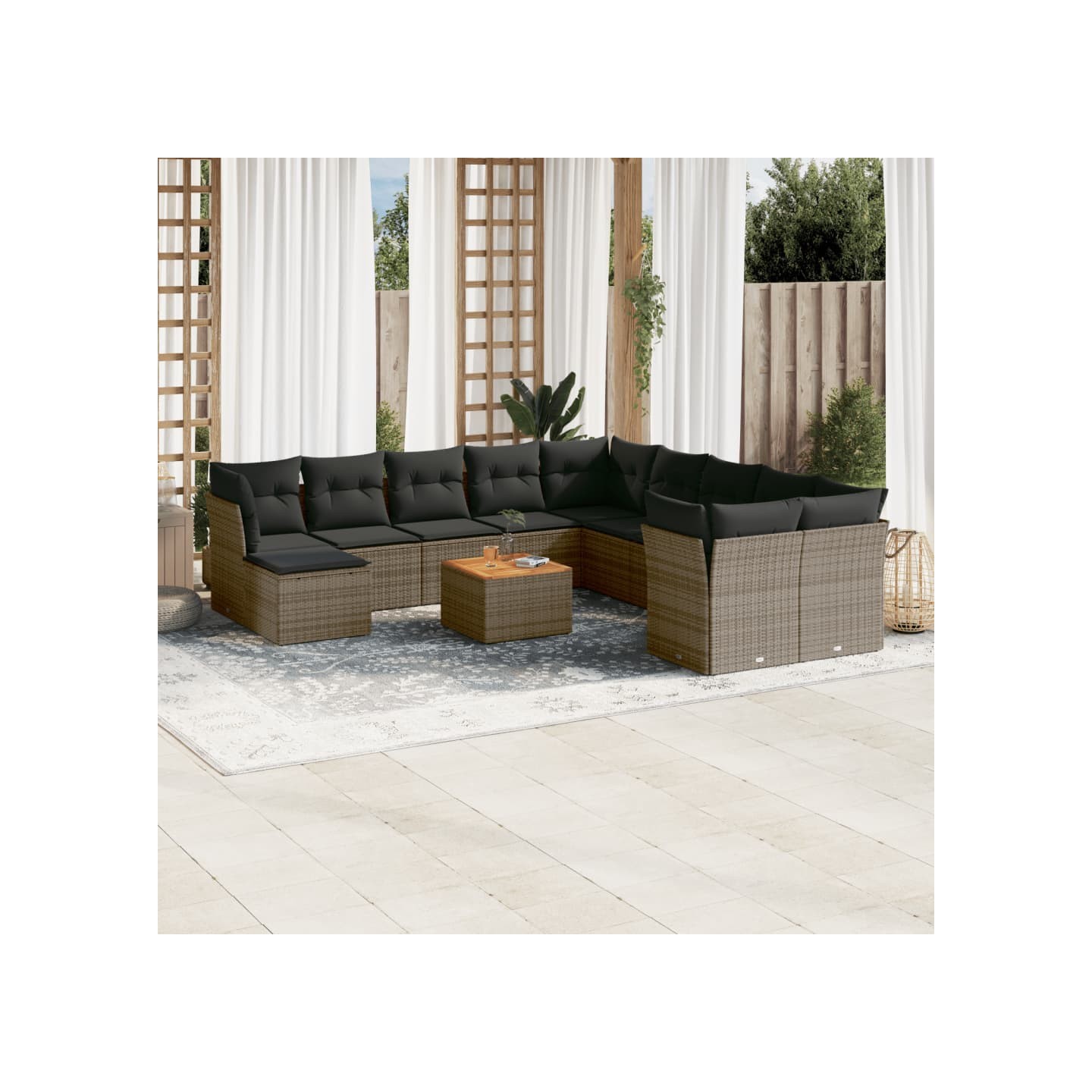 Salon de jardin avec coussins 12 pcs gris résine tressée