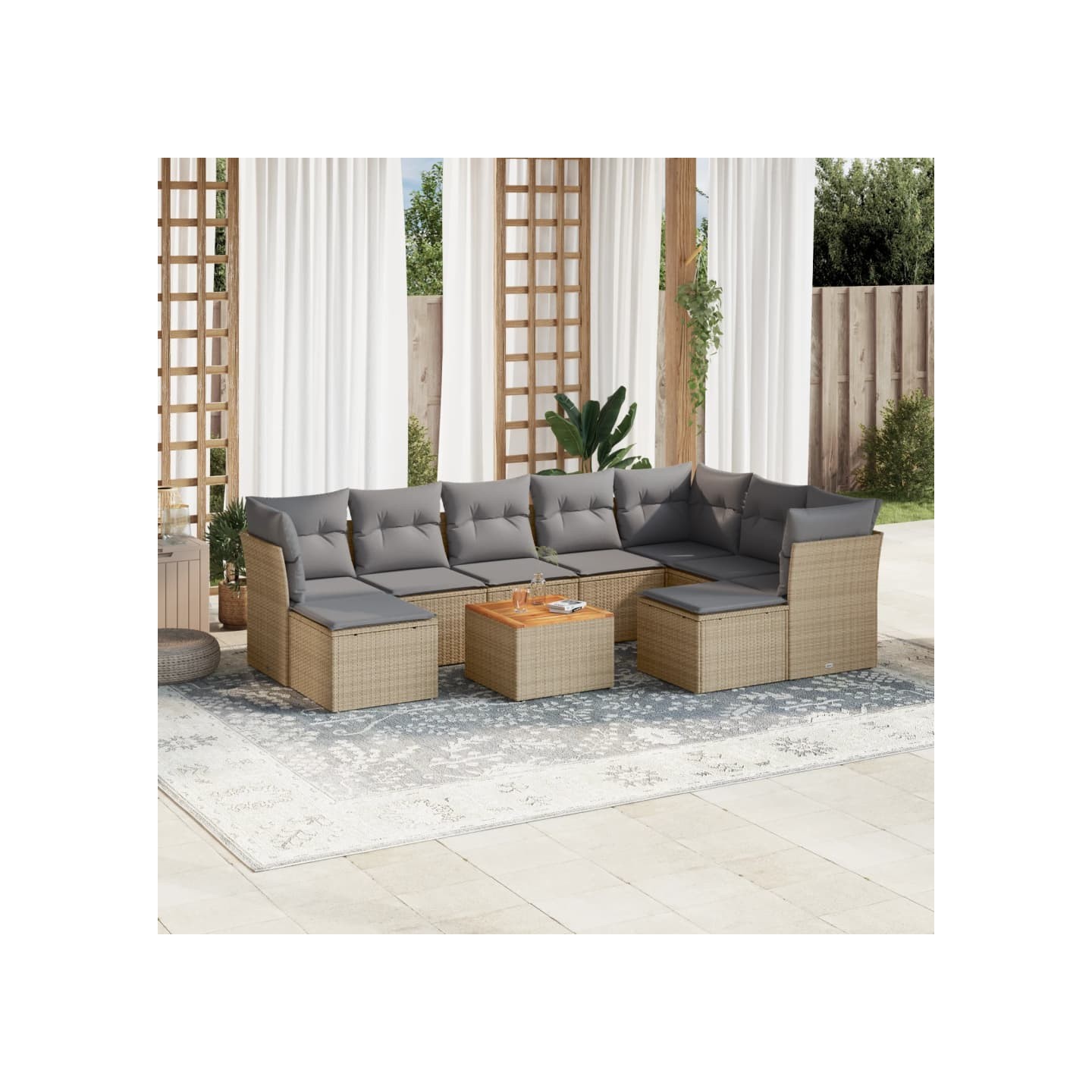 Salon de jardin avec coussins 10 pcs beige résine tressée