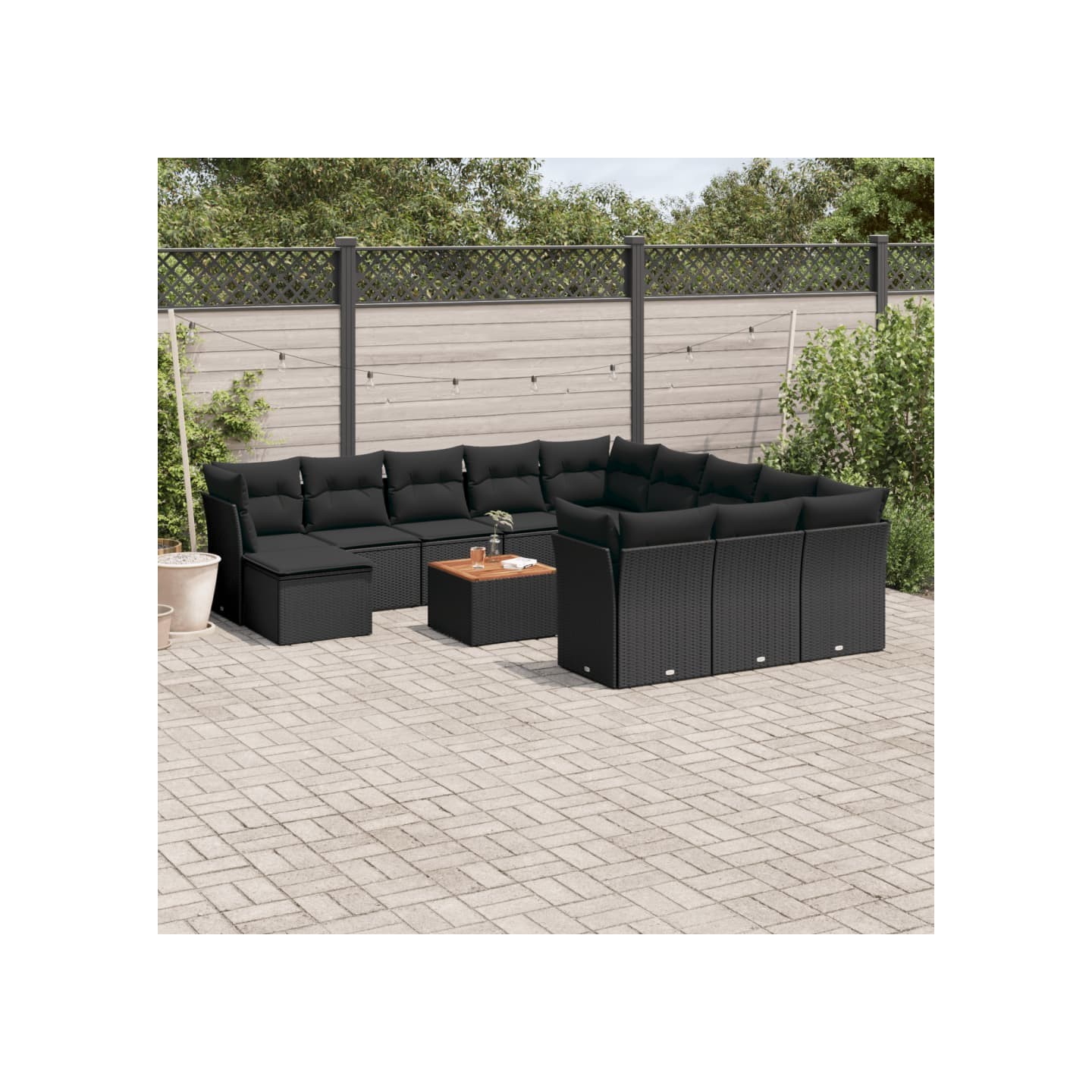 Salon de jardin avec coussins 13 pcs noir résine tressée