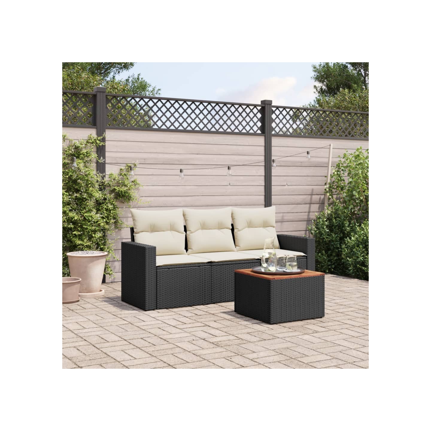 Salon de jardin 4 pcs avec coussins noir résine tressée