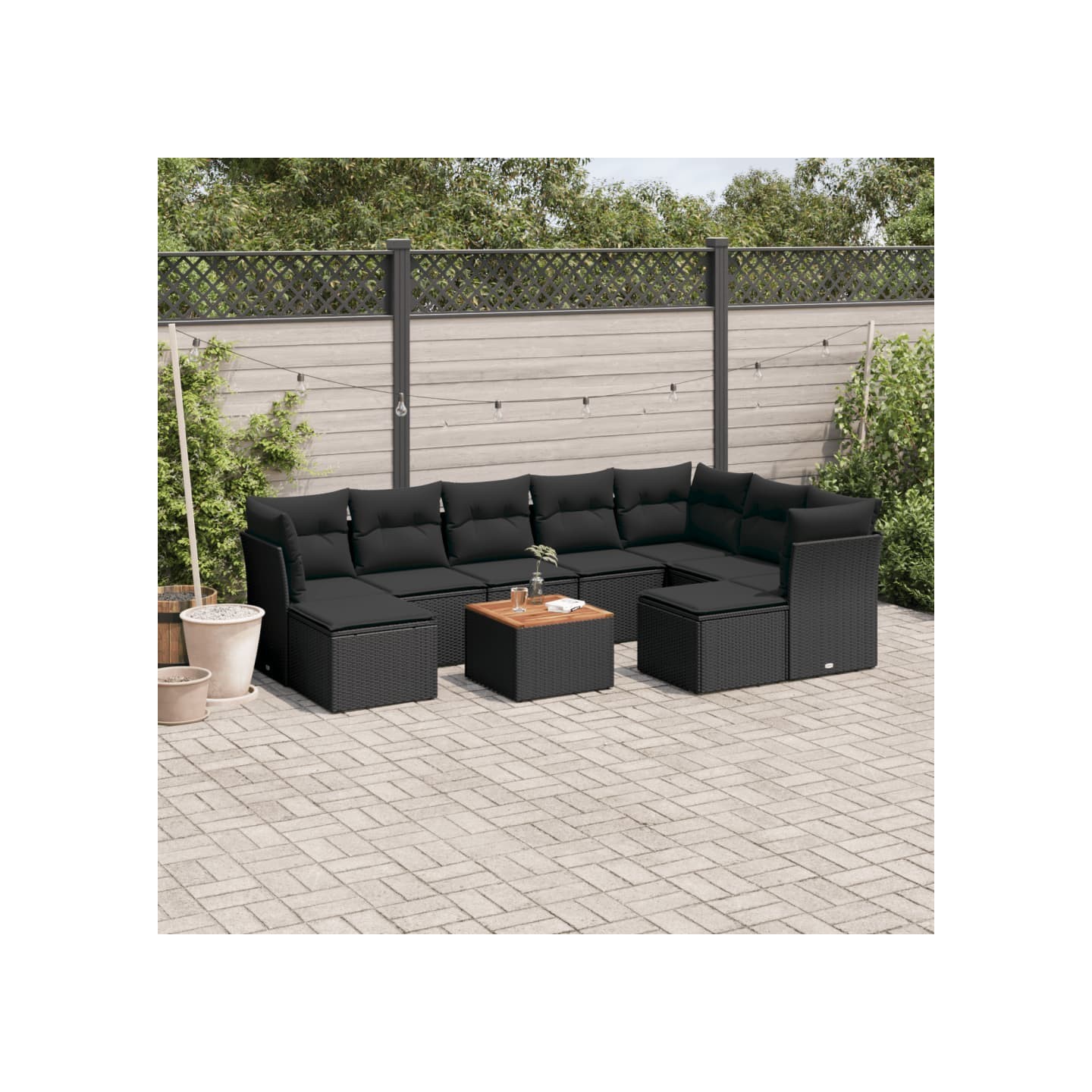 Salon de jardin 10 pcs avec coussins noir résine tressée