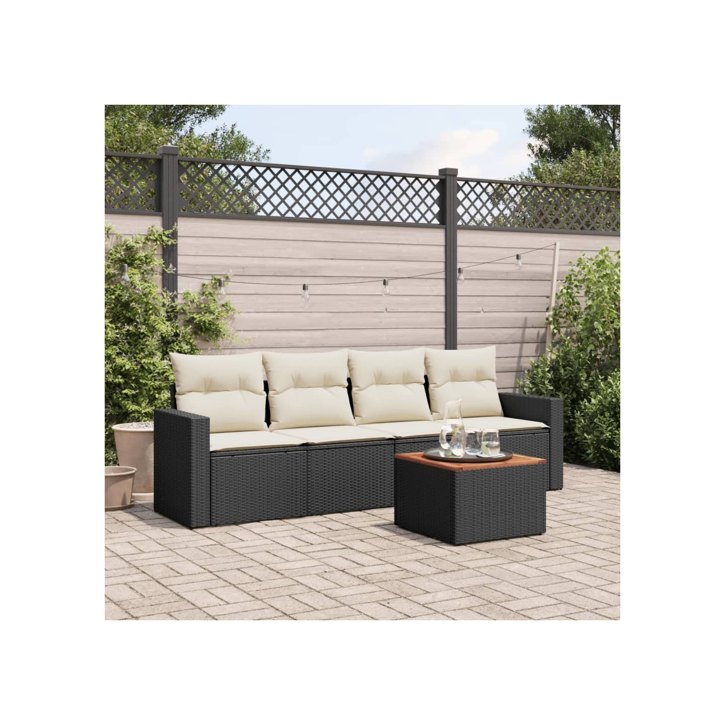 Salon de jardin 5 pcs avec coussins noir résine tressée