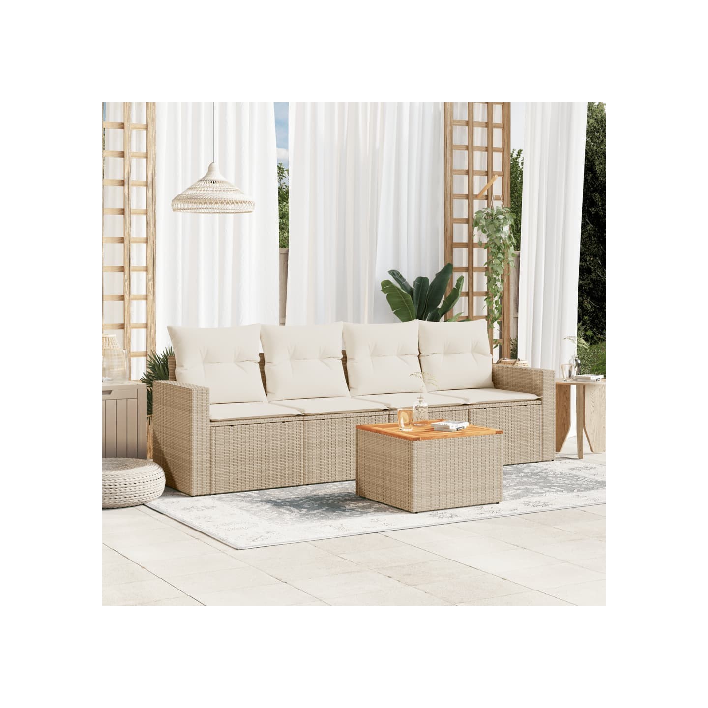 Salon de jardin avec coussins 5 pcs beige résine tressée