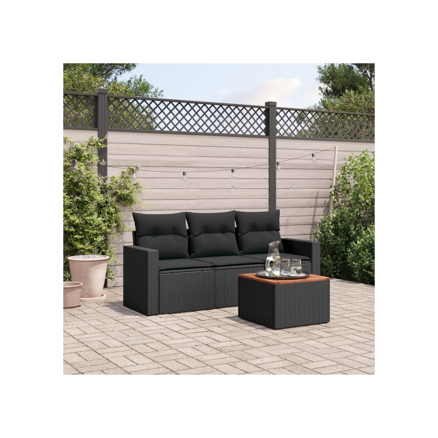 Salon de jardin 4 pcs avec coussins noir résine tressée